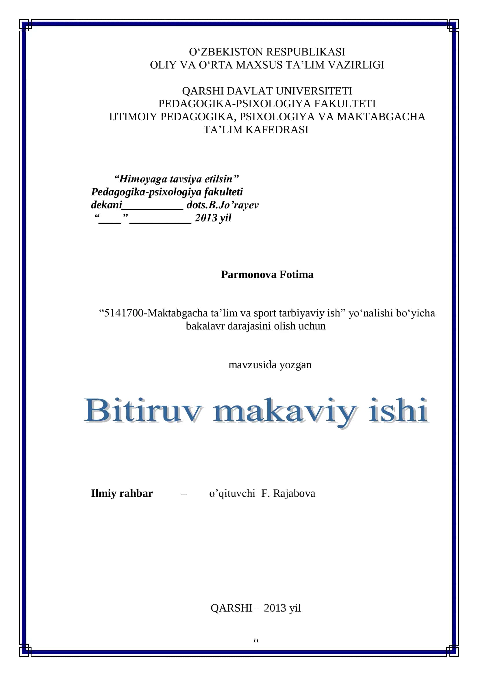 5141700 – “Maktabgacha ta'lim va bolalar sporti” yo‟nalishi 1