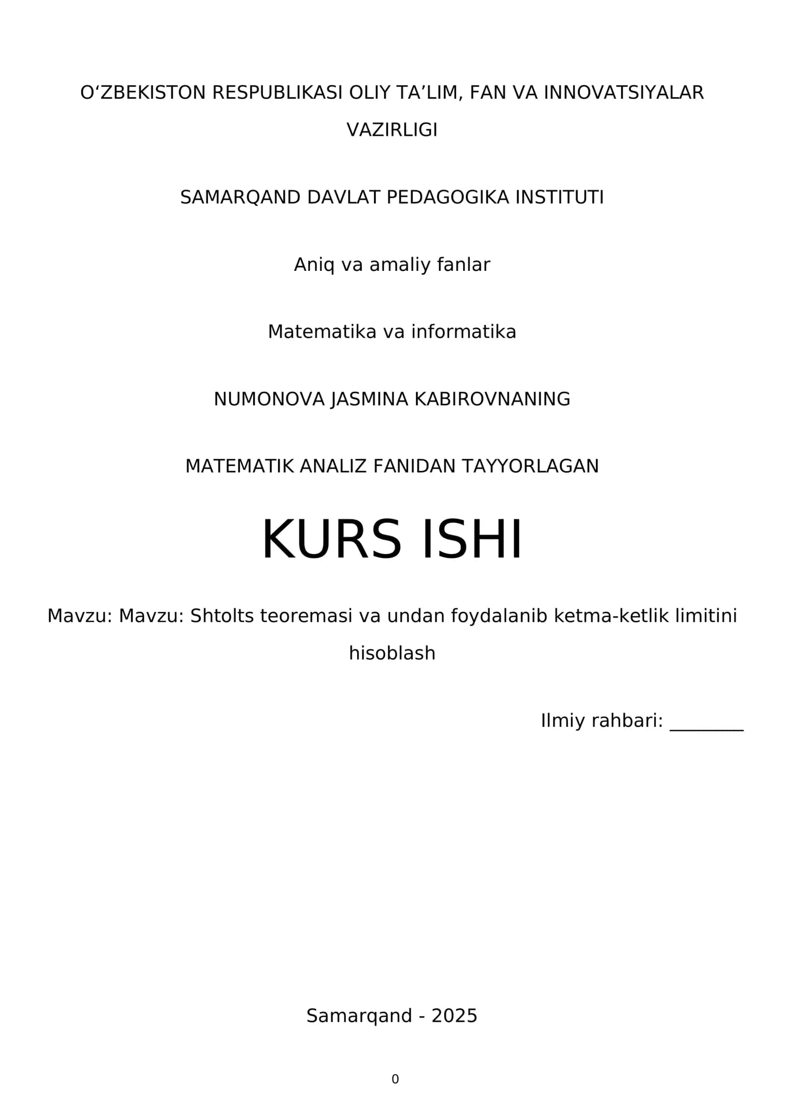 NUMONOVA JASMINA KABIROVNANING MATEMATIK ANALIZ FANIDAN TAYYORLAGAN KURS ISHI 1