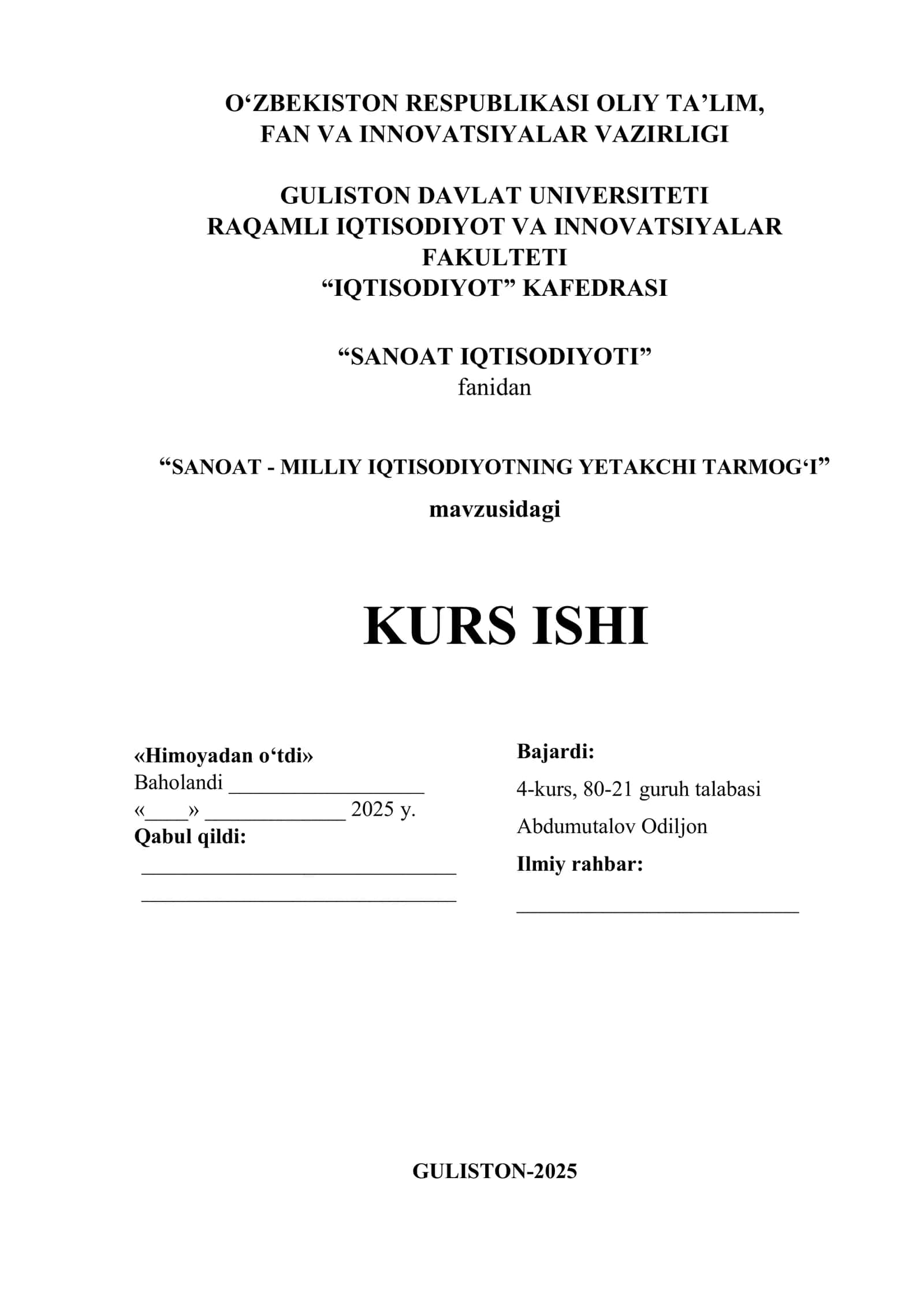 SANOAT - MILLIY IQTISODIYOTNING YETAKCHI TARMOG‘I 1