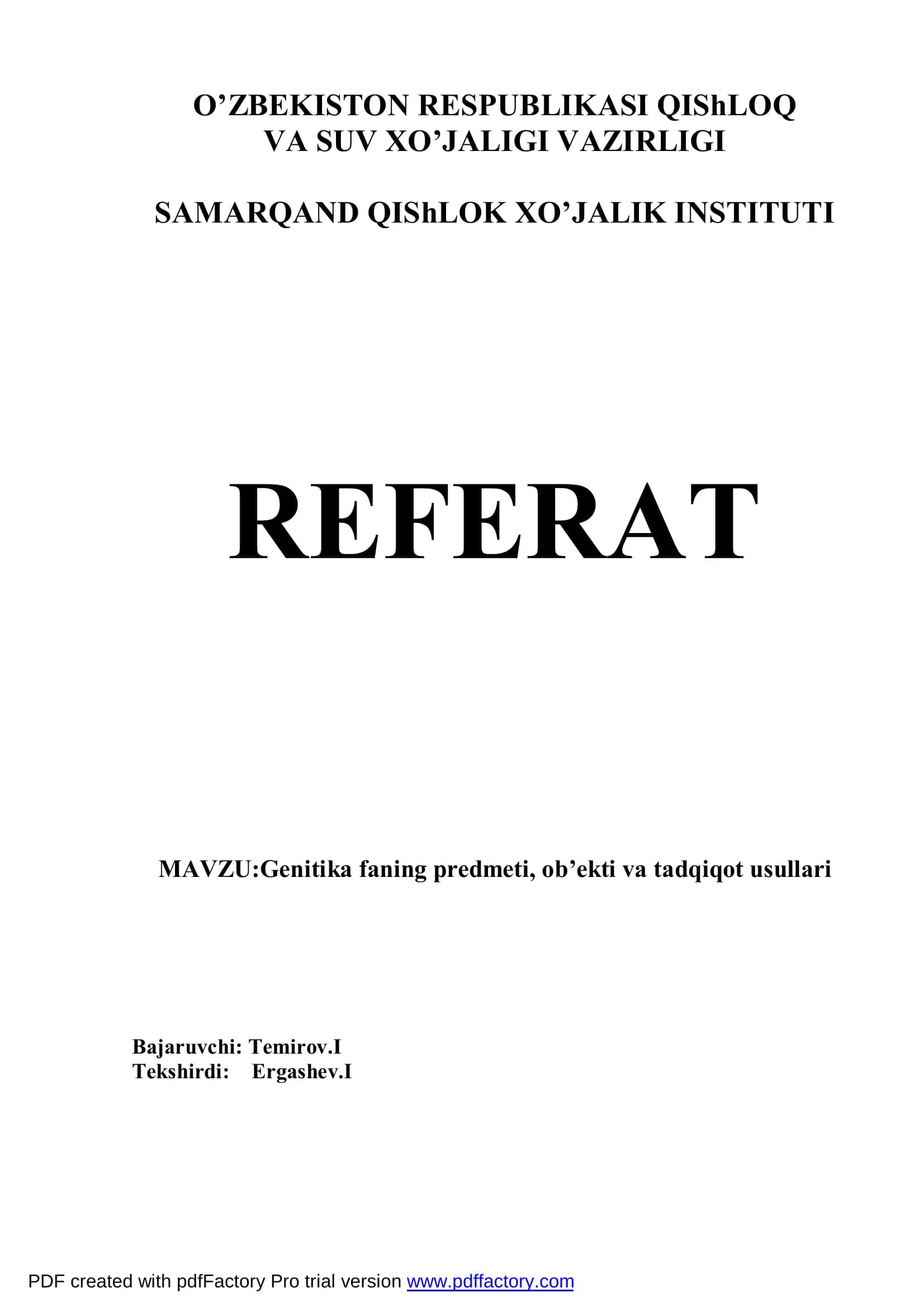 Genetika fanining predmeti, obyekti va tadqiqot usullari 1