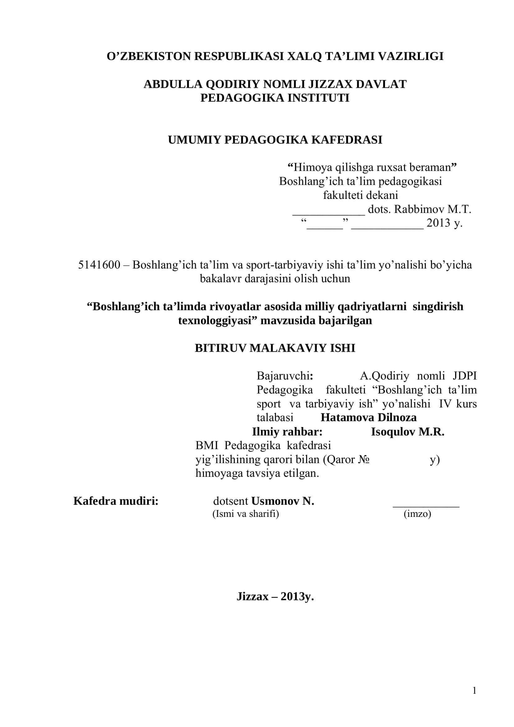 "Boshlang'ich ta'limda rivoyatlar asosida milliy qadriyatlarni singdirish texnologgiyasi" 1