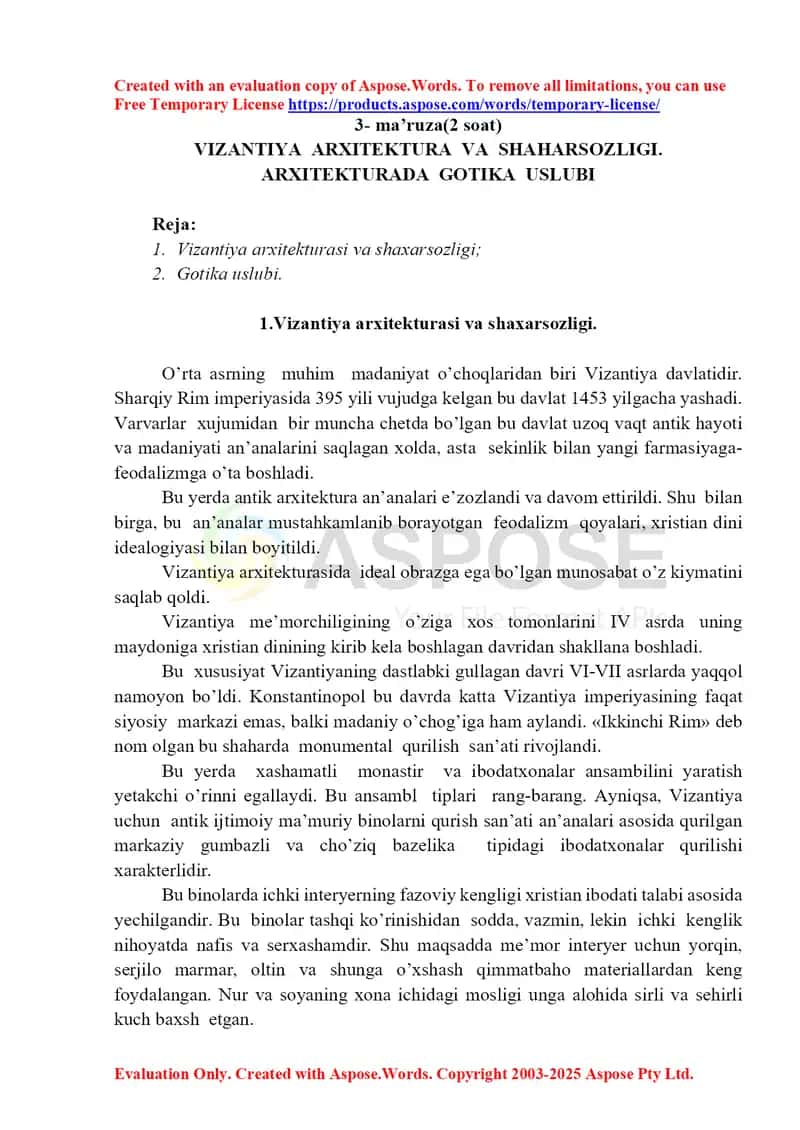3-ma’ruza: Vizantiya arxitekturasi va shaharsoslovi hamda gotika uslubi (2 soat) 1