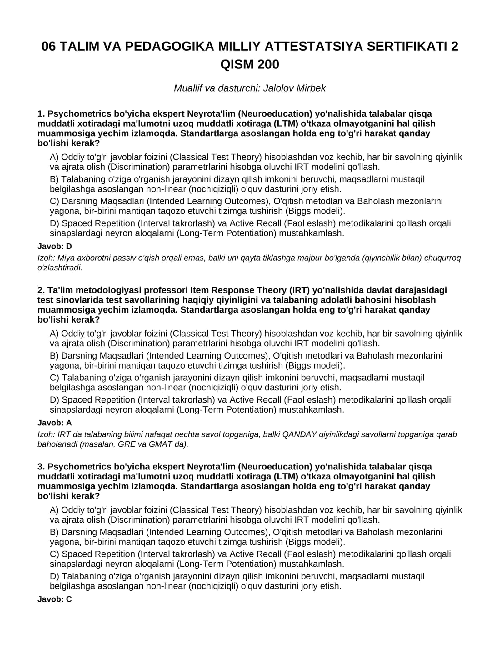 Talim va Pedagogika Milliy Attestatsiya Sertifikati 1