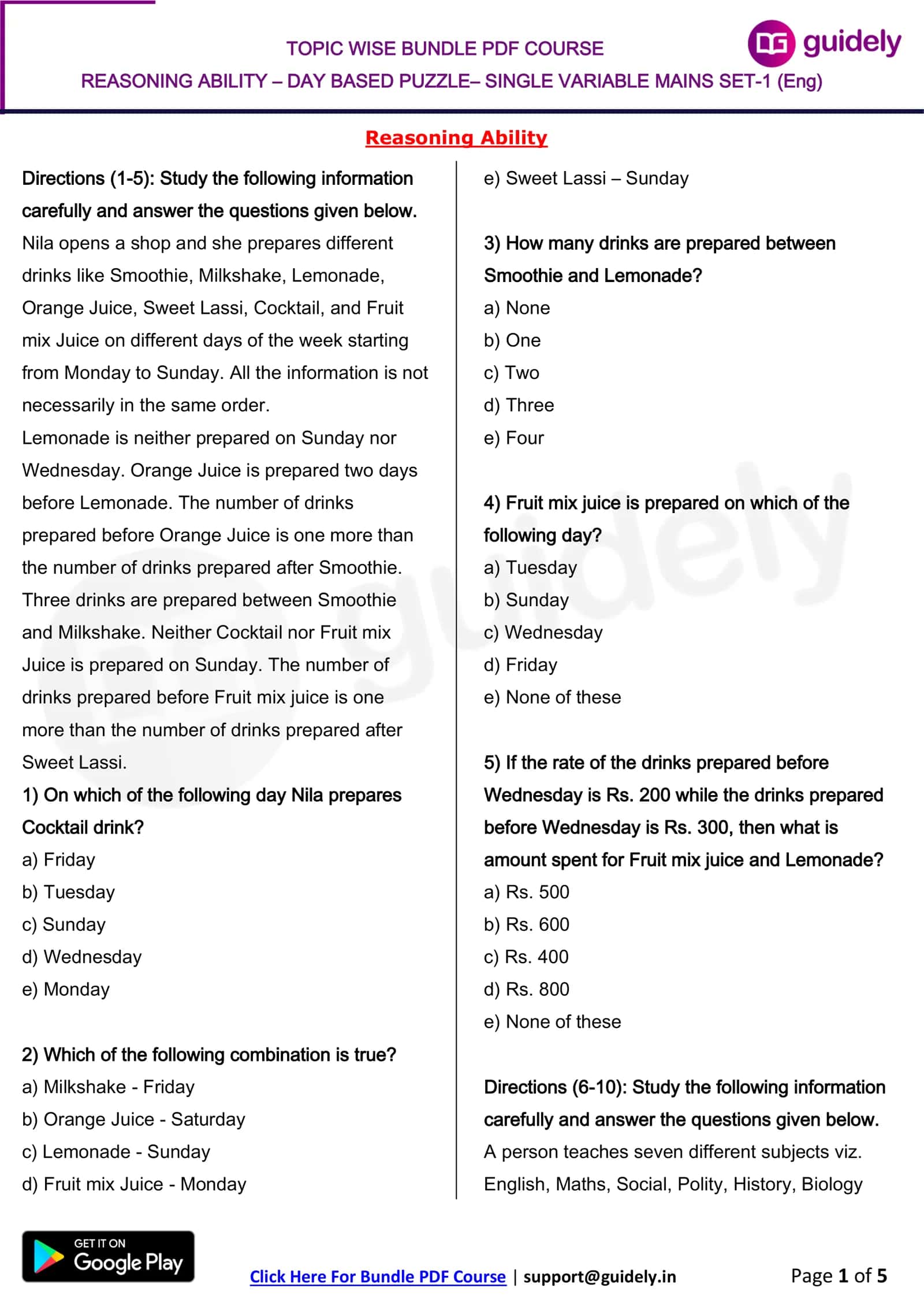REASONING ABILITY – DAY BASED PUZZLE– SINGLE VARIABLE MAINS SET-1 (Eng) 1