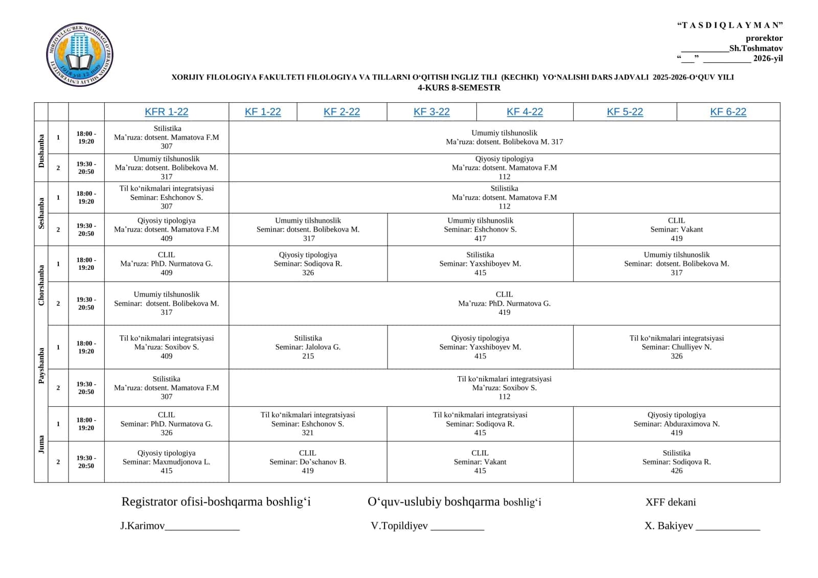FILOLOGIYA VA TILLARNI O‘QITISH INGLIZ TILI (KECHKI) YO‘NALISHI DARS JADVALI 2025-2026-O‘QUV YILI 1