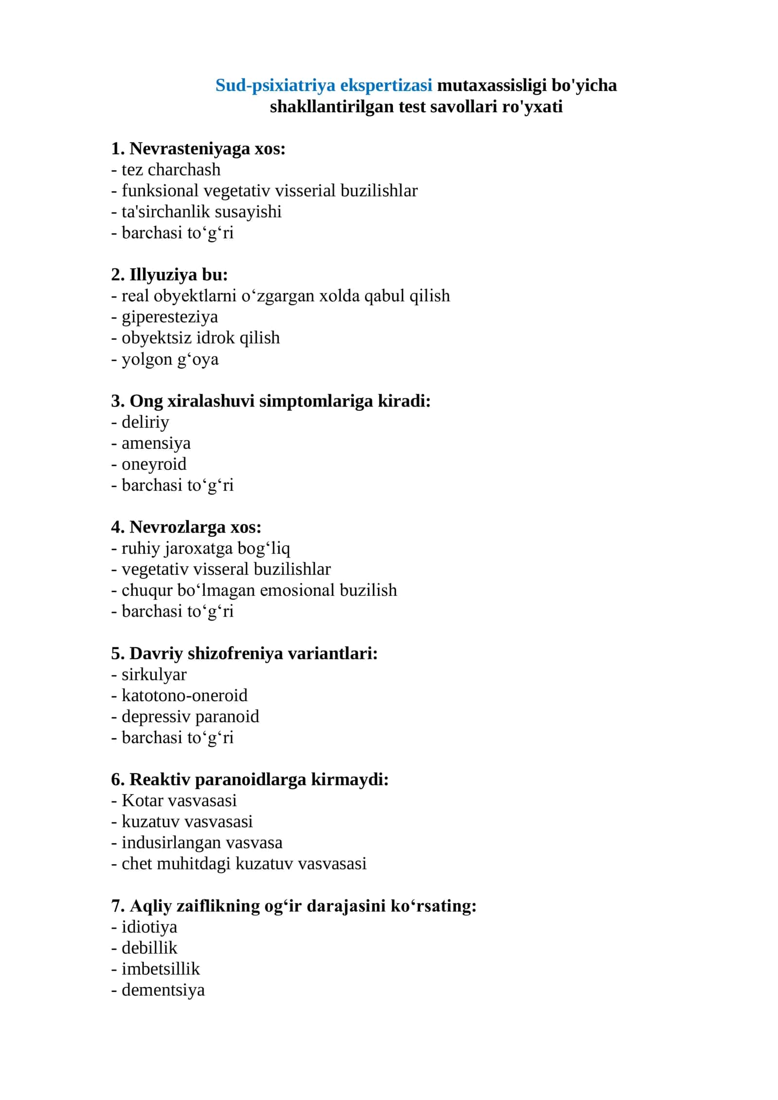 Sud-psixiatriya ekspertizasi mutaxassisligi test savollari 2026 1