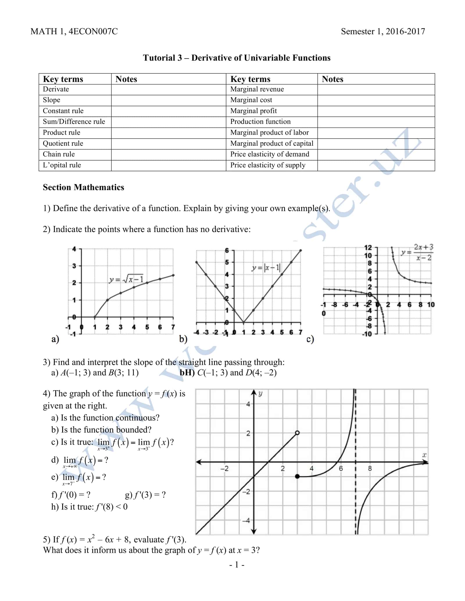 MATH 1, 4ECON007C 1