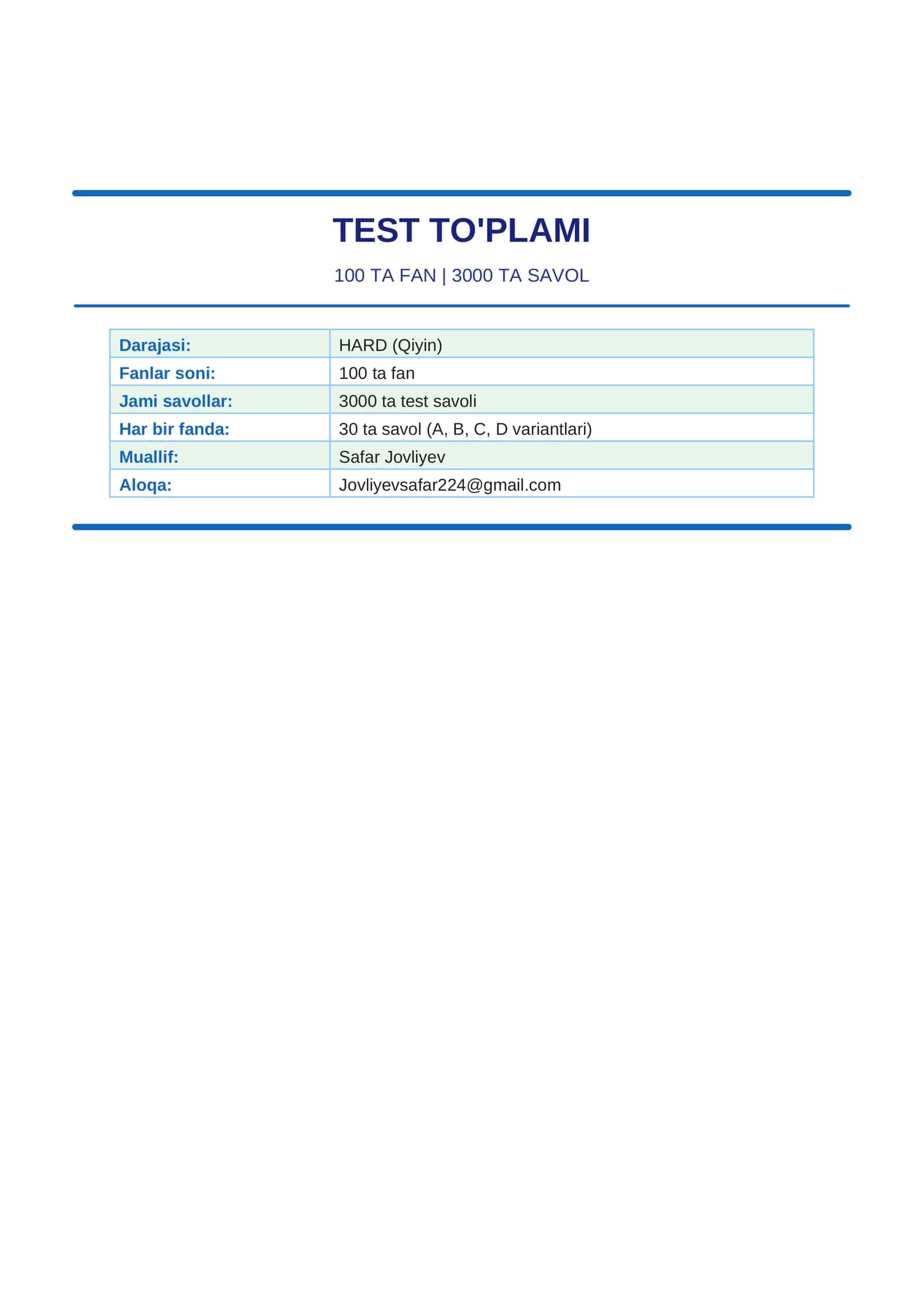 BARCHA FANLARDAN TEST TO'PLAMI 1