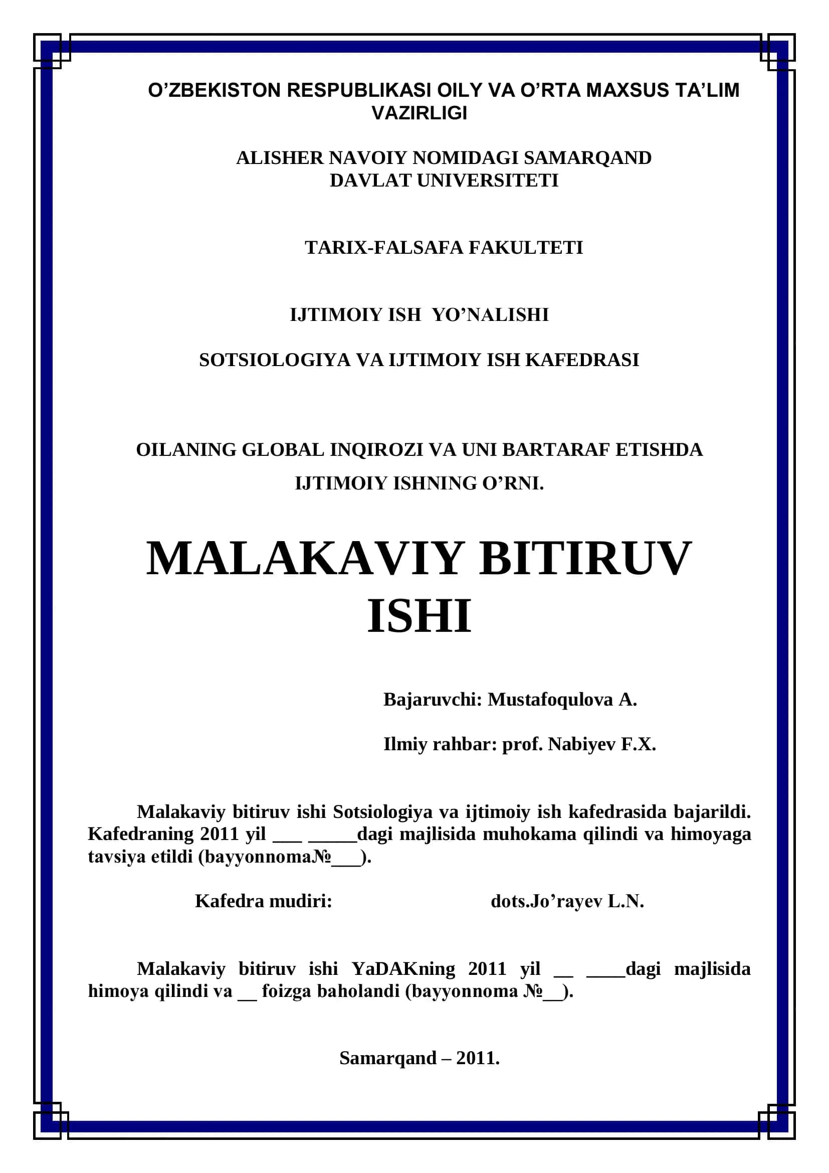 OILANING GLOBAL INQIROZI VA UNI BARTARAF ETISHDA IJTIMOIY ISHNING O’RNI 1