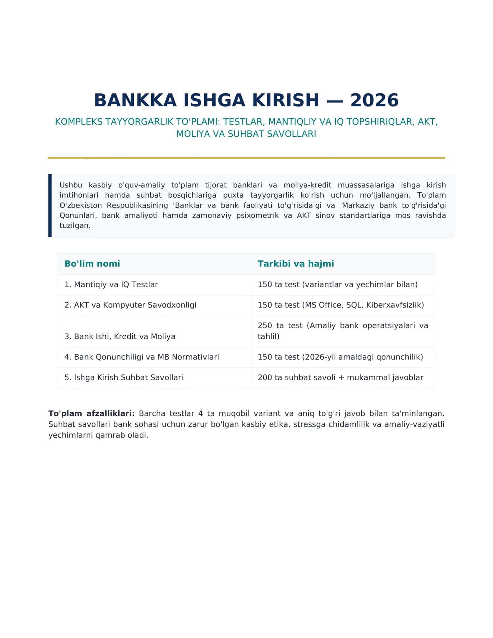 Bankka ishga kirish 2026 — 700+ test, mantiq, AKT, moliya va suhbat 1