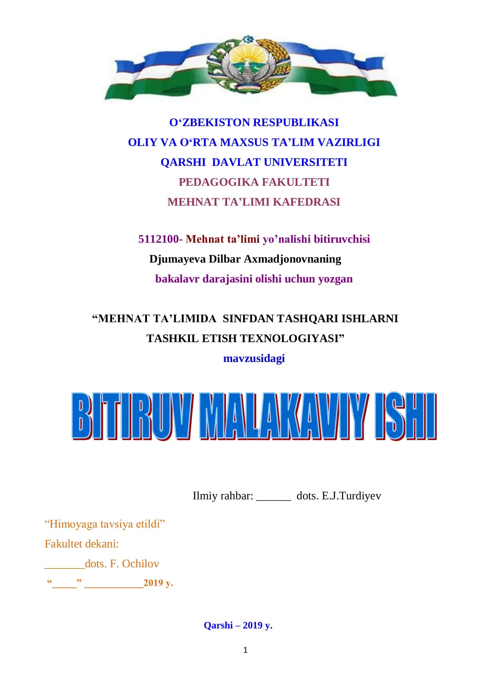MEHNAT TA’LIMIDA SINFDAN TASHQARI ISHLARNI TASHKIL ETISH TEXNOLOGIYASI 1