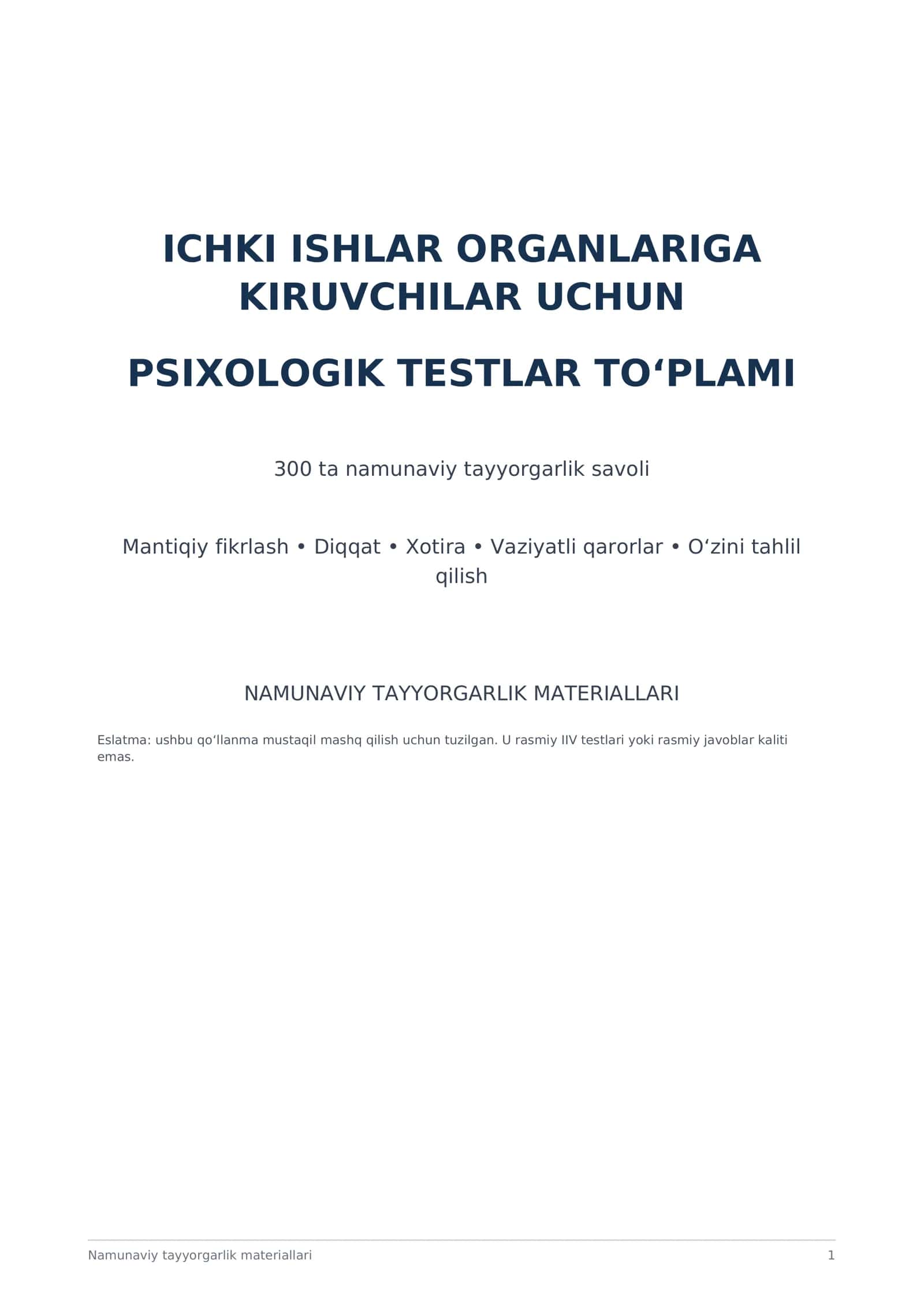 Ichki Ishlar Organlariga Kiruvchilar Uchun Psixologik Testlar To‘plami — 300+ test 1