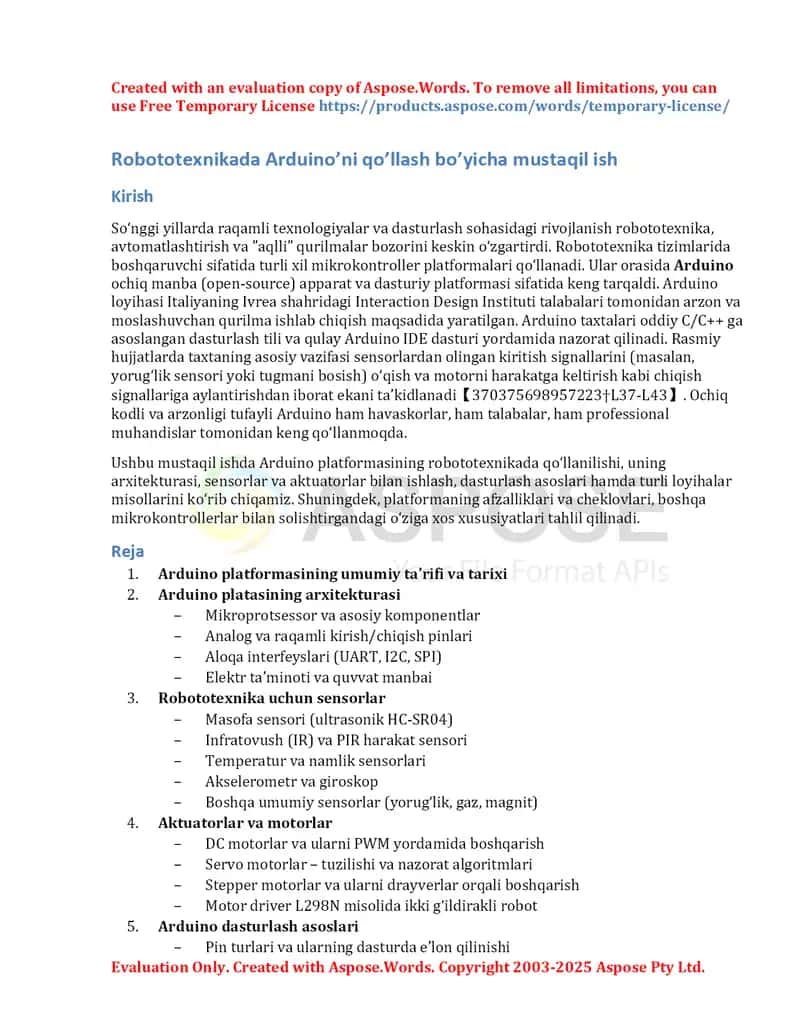 Robototexnikada Arduino’ni qo’llash bo’yicha mustaqil ish 1