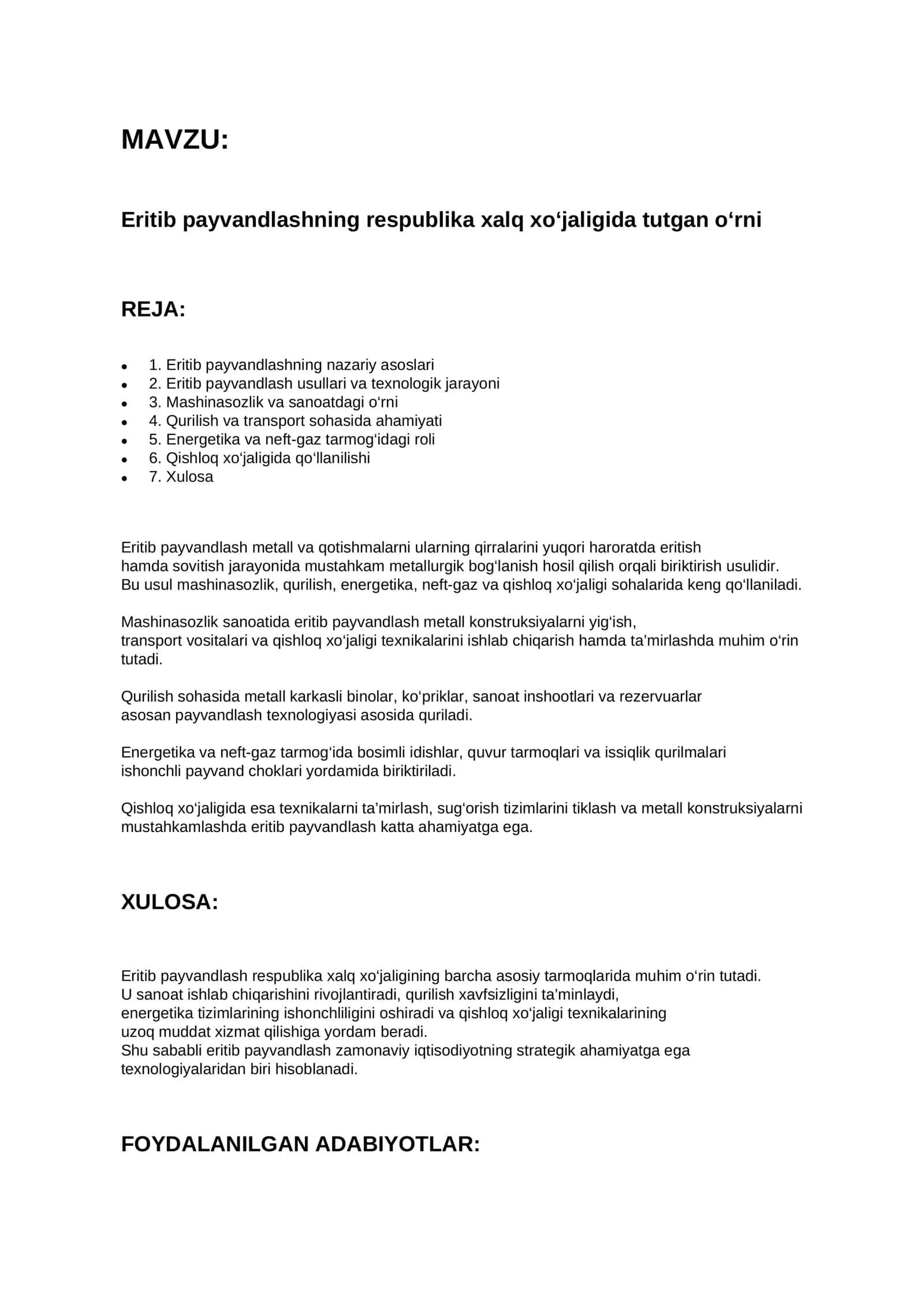 Eritib payvandlashning respublika xalq xo‘jaligida tutgan o‘rni 1