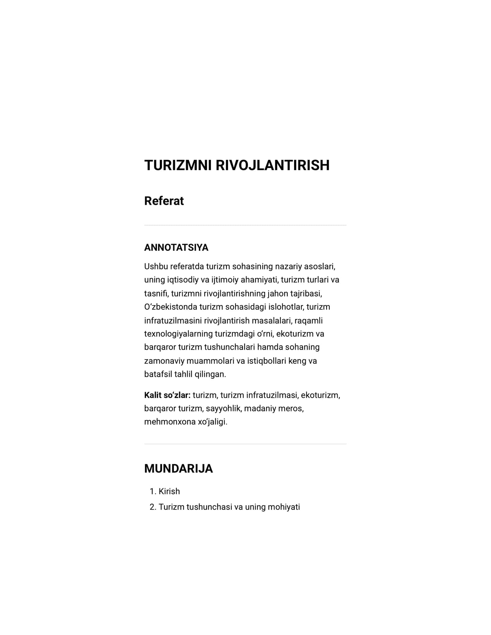 Referat turizmni rivojlantirish 1
