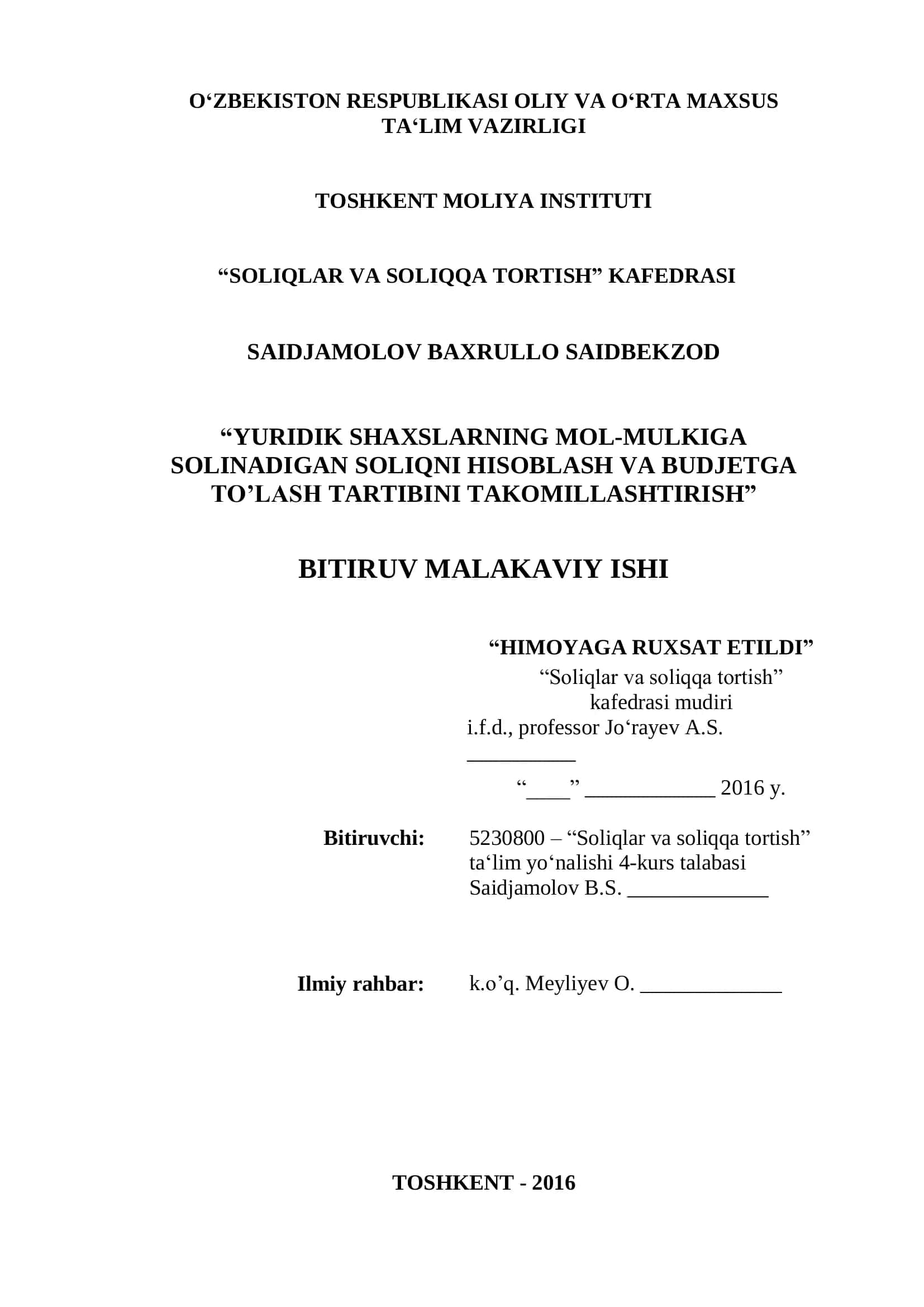 “Soliqlar va soliqqa tortish” Kafedrasi 1