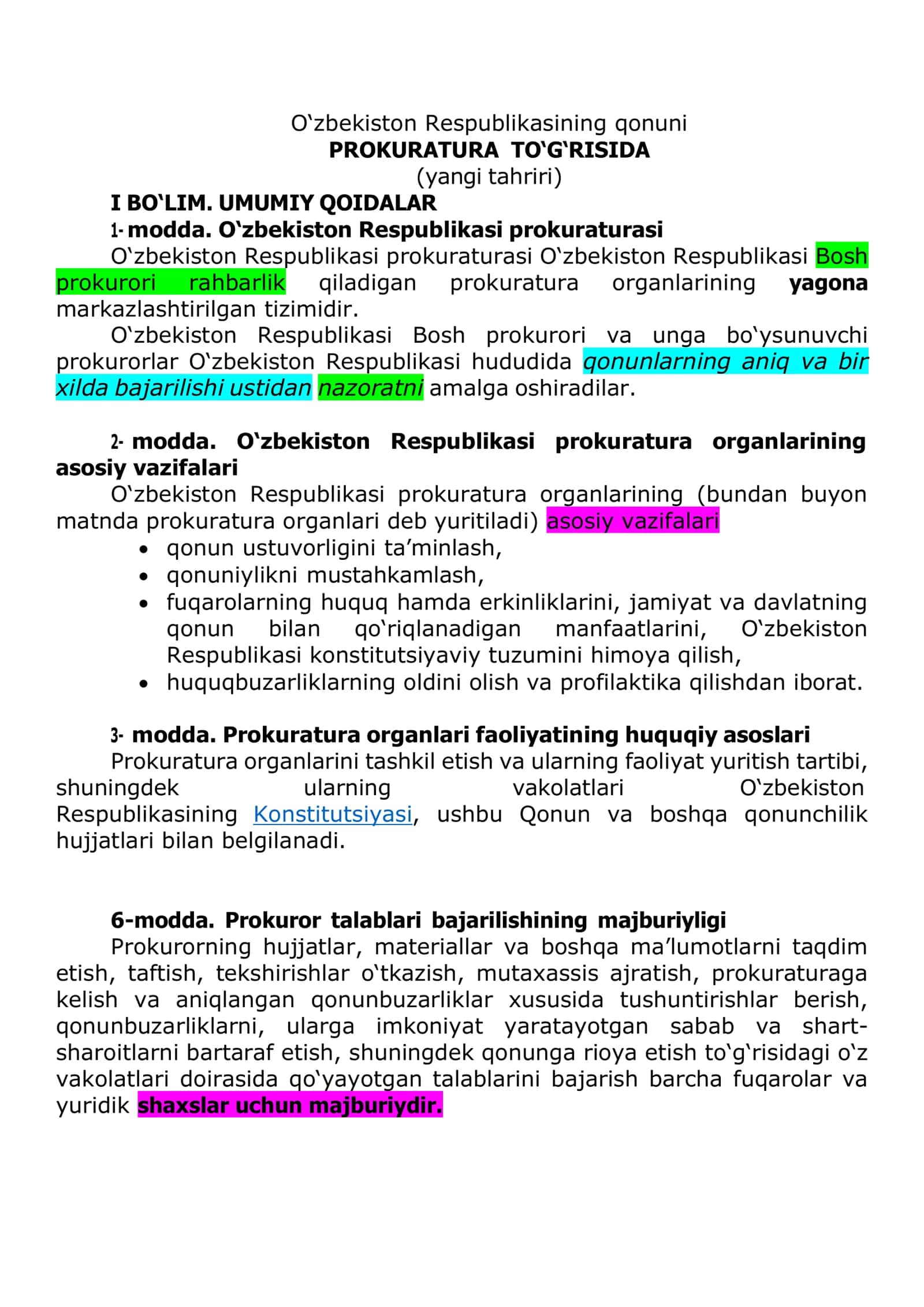 O‘zbekiston Respublikasining qonuni PROKURATURA TO‘G‘RISIDA 1