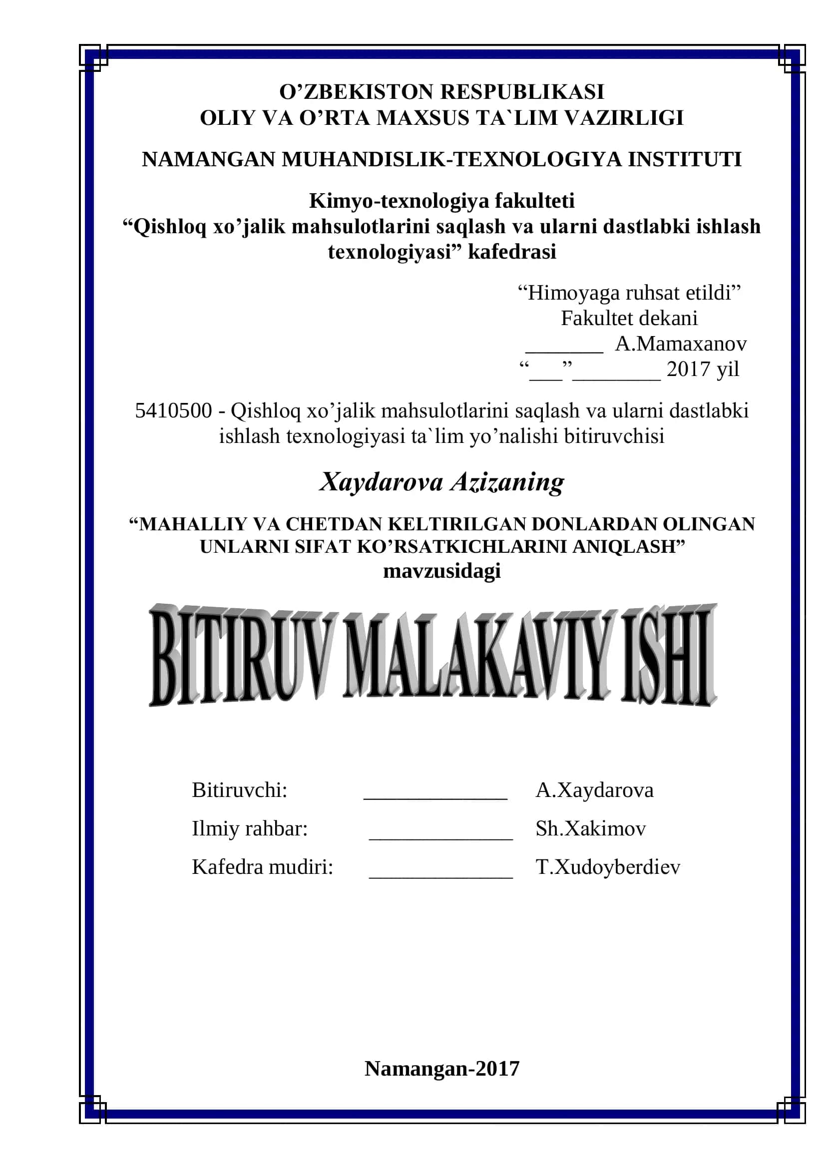 MAHALLIY VA CHETDAN KELTIRILGAN DОNLARDAN ОLINGAN UNLARNI SIFAT KO’RSATKICHLARINI ANIQLASH 1