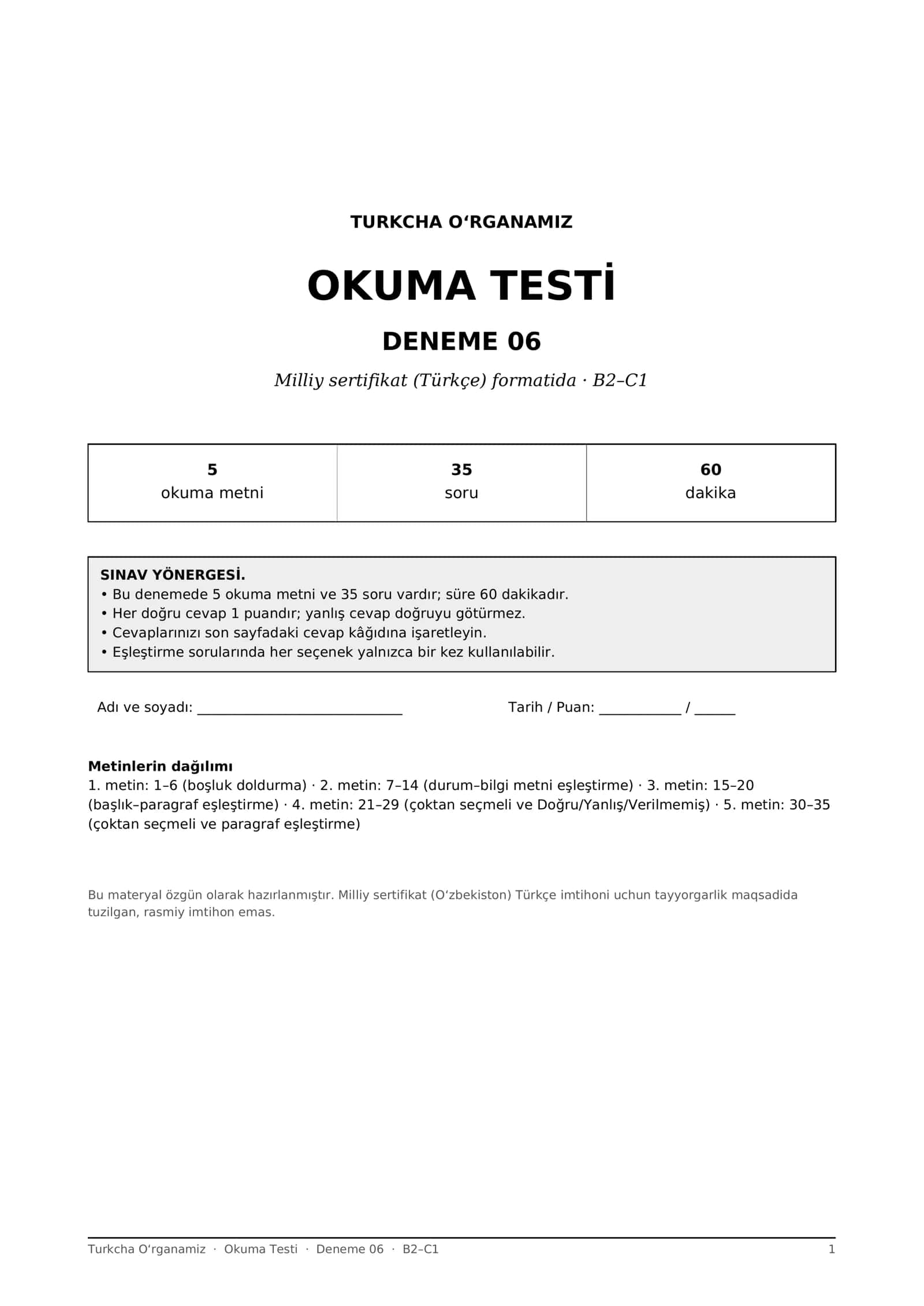 Turk tili Okuma testlari 06-10 deneme B2-C1 (Milliy sertifikat formati, javoblar bilan) 1