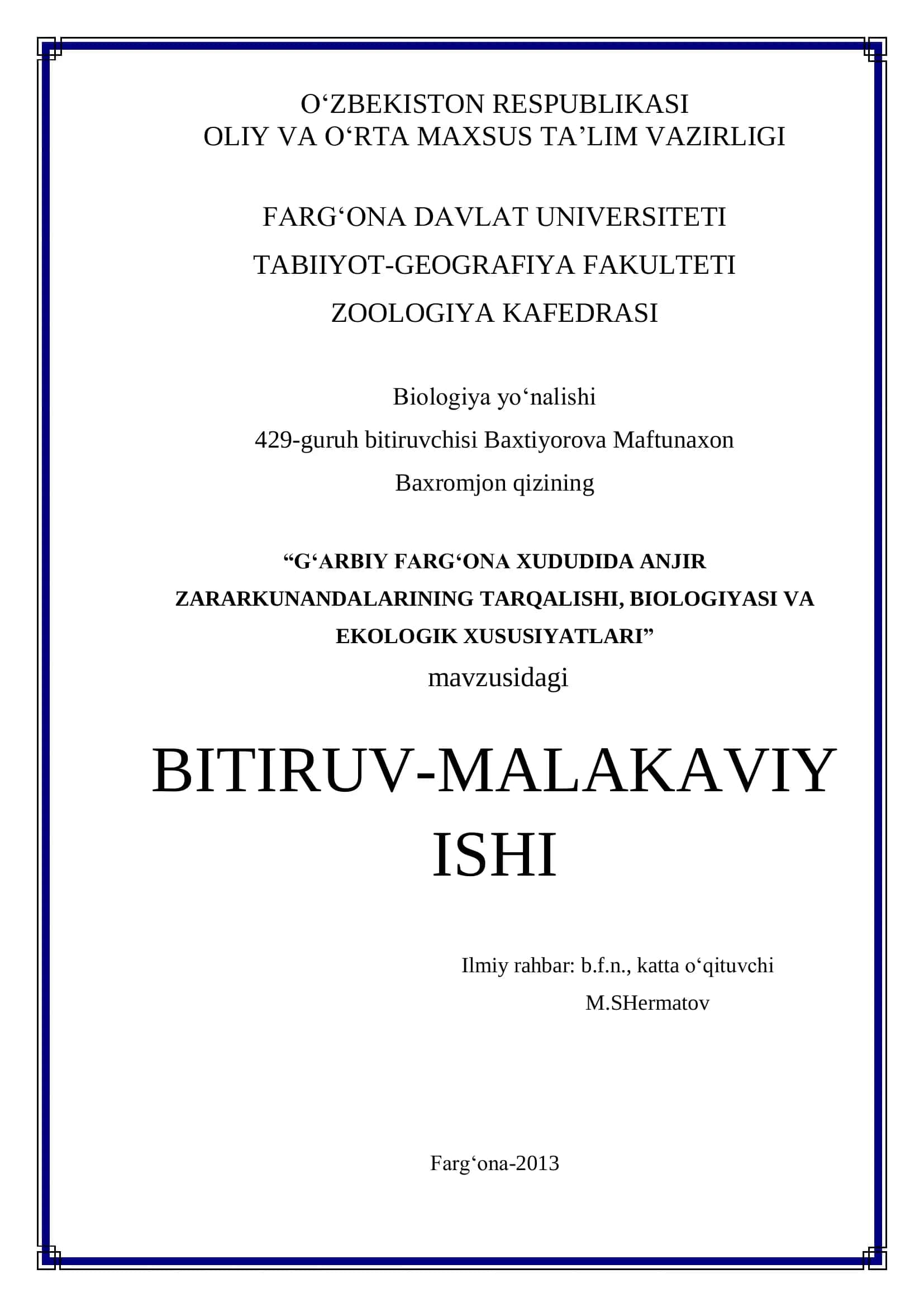 G'ARBIY FARG'ONA XUDUDIDA ANJIR ZARARKUNANDALARINING TARQALISHI, BIOLOGIYASI VA EKOLOGIK XUSUSIYATLARI 1