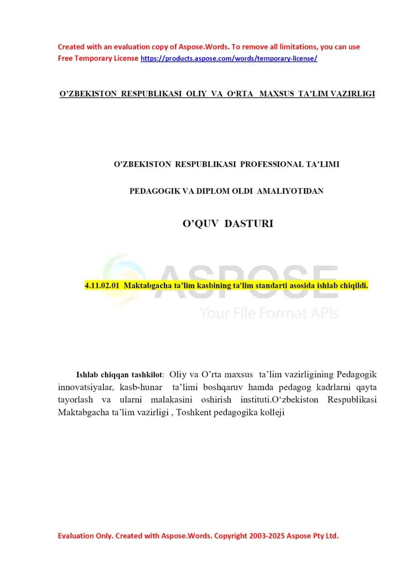 Pedagogik va diplom oldi amaliyot o‘quv dasturi 1