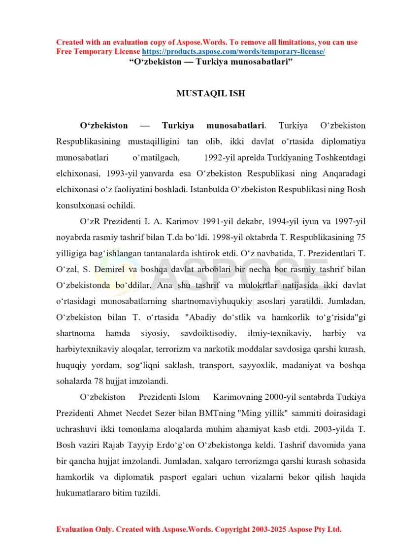 Oʻzbekiston — Turkiya munosabatlari 1