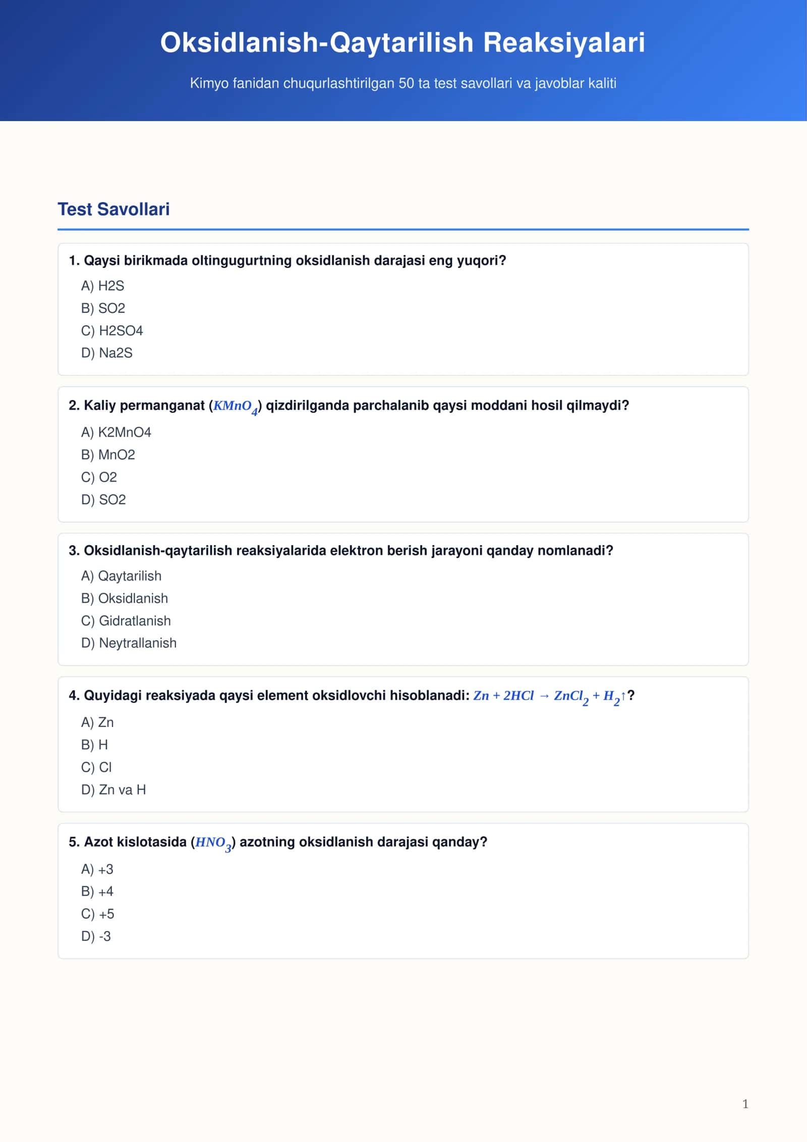 Oksidlanish-Qaytarilish Reaksiyalari Test Savollari 1