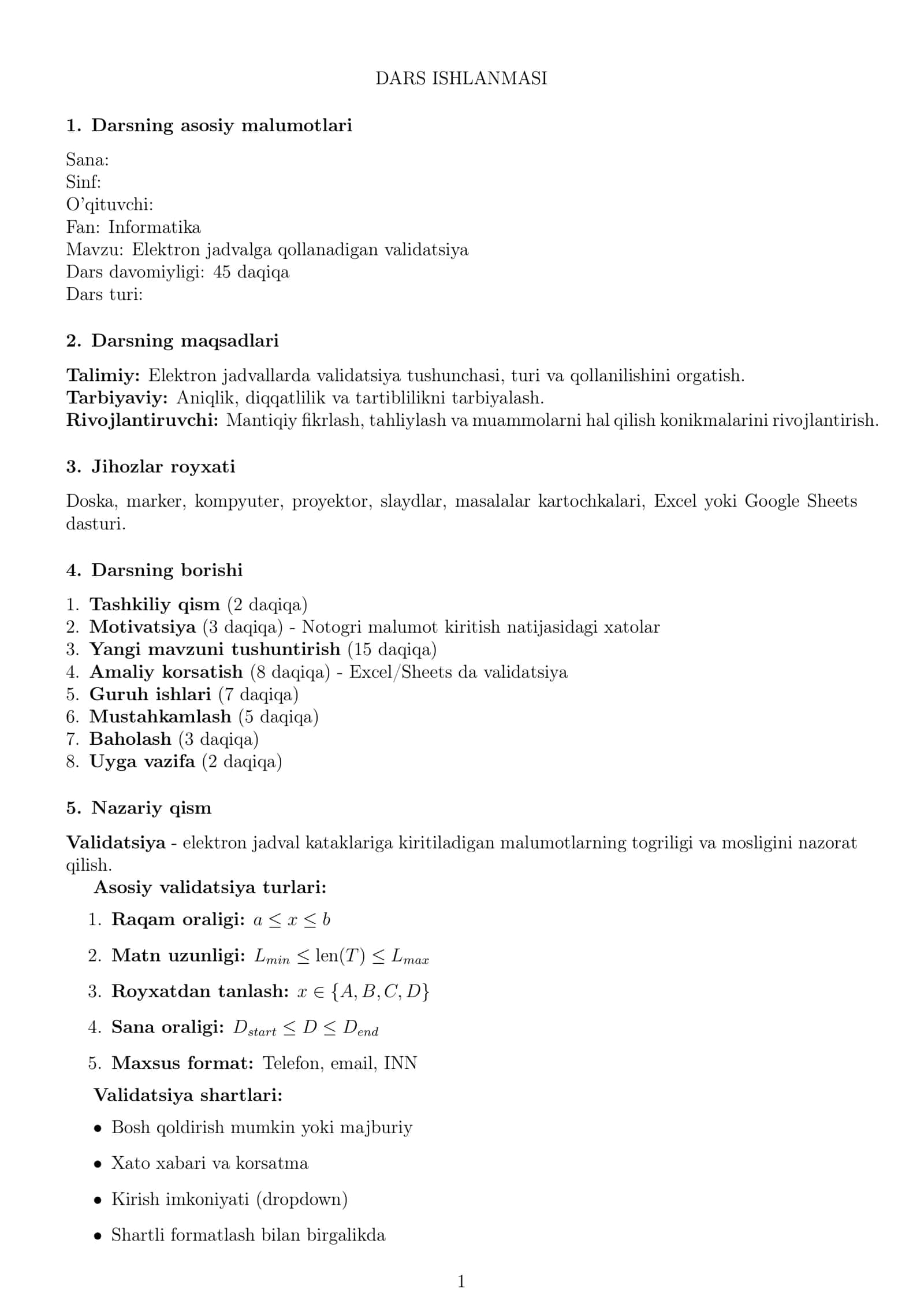 Elektron jadvalga qo'llanadigan validatsiya 1
