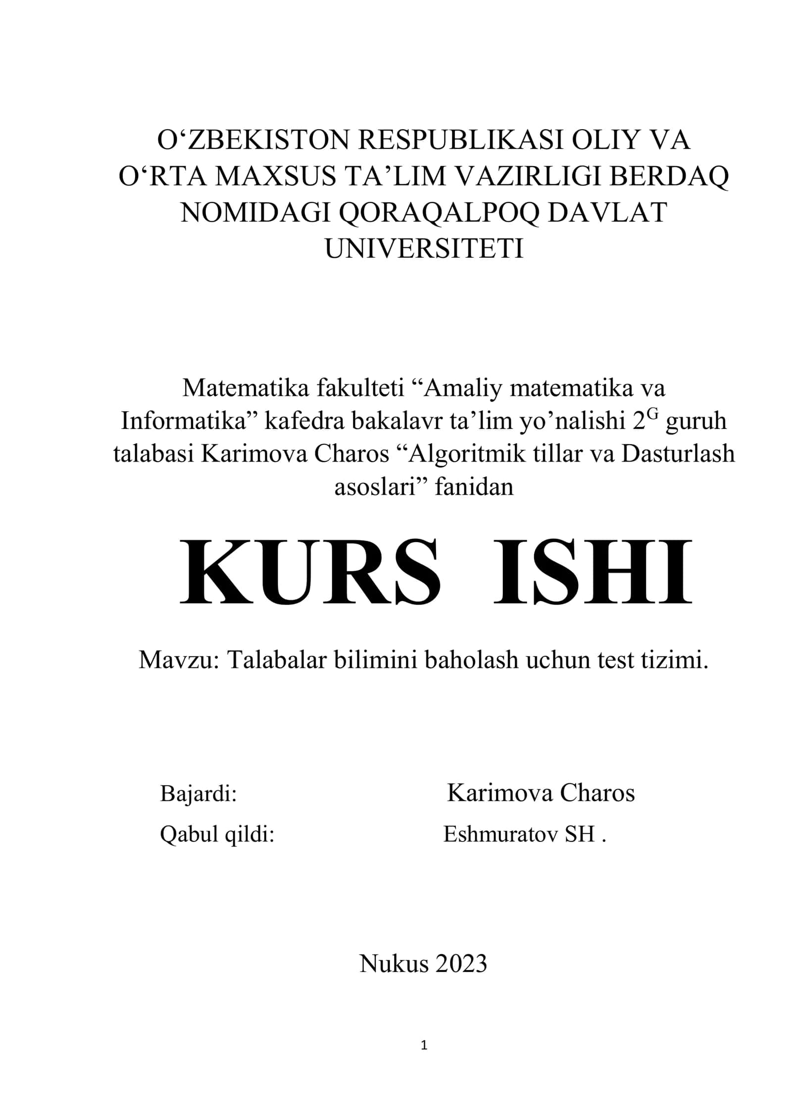 Talabalar bilimini baholash uchun test tizimi 1