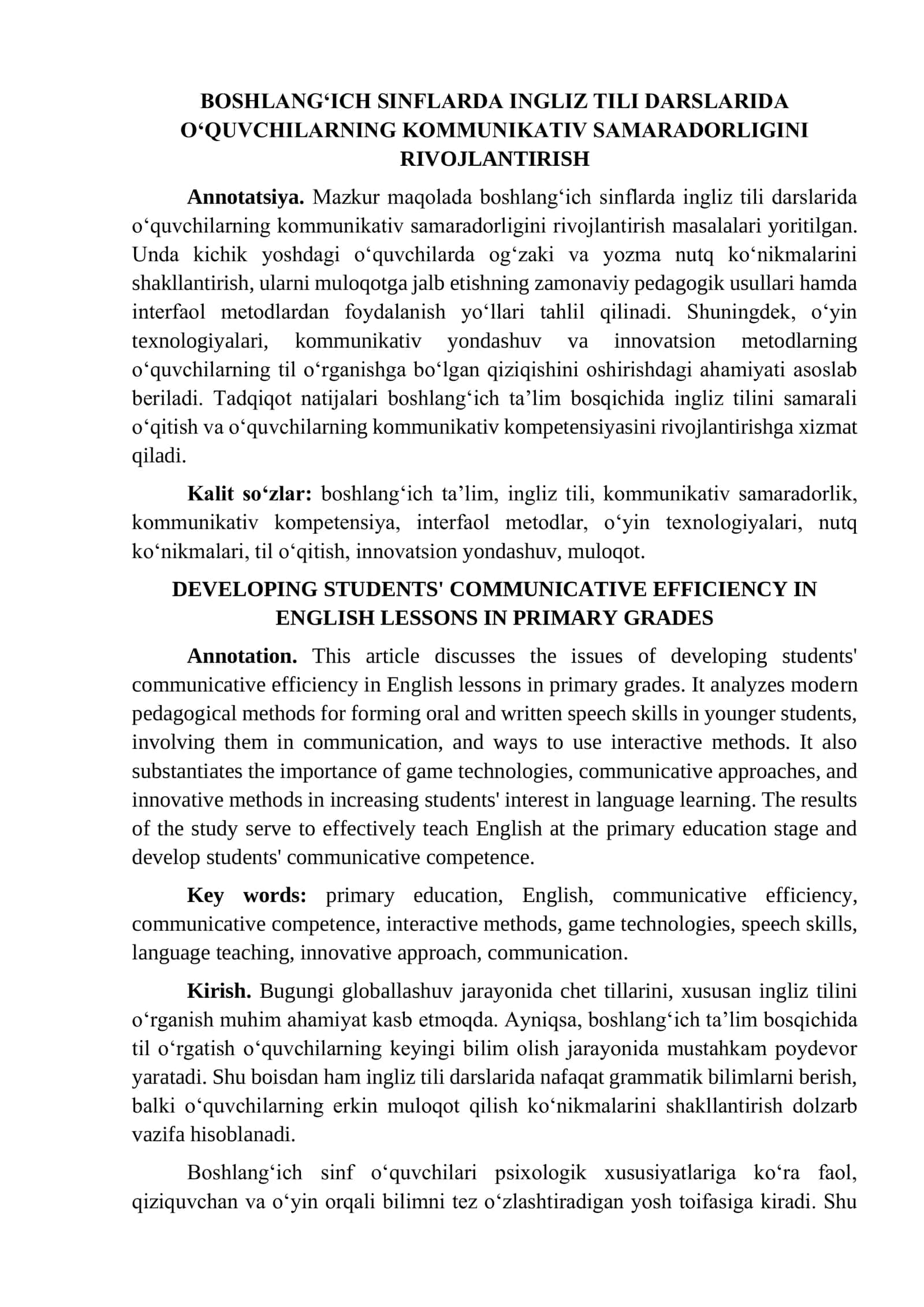 BOSHLANG‘ICH SINFLARDA INGLIZ TILI DARSLARIDA O‘QUVCHILARNING KOMMUNIKATIV SAMARADORLIGINI RIVOJLANTIRISH 1