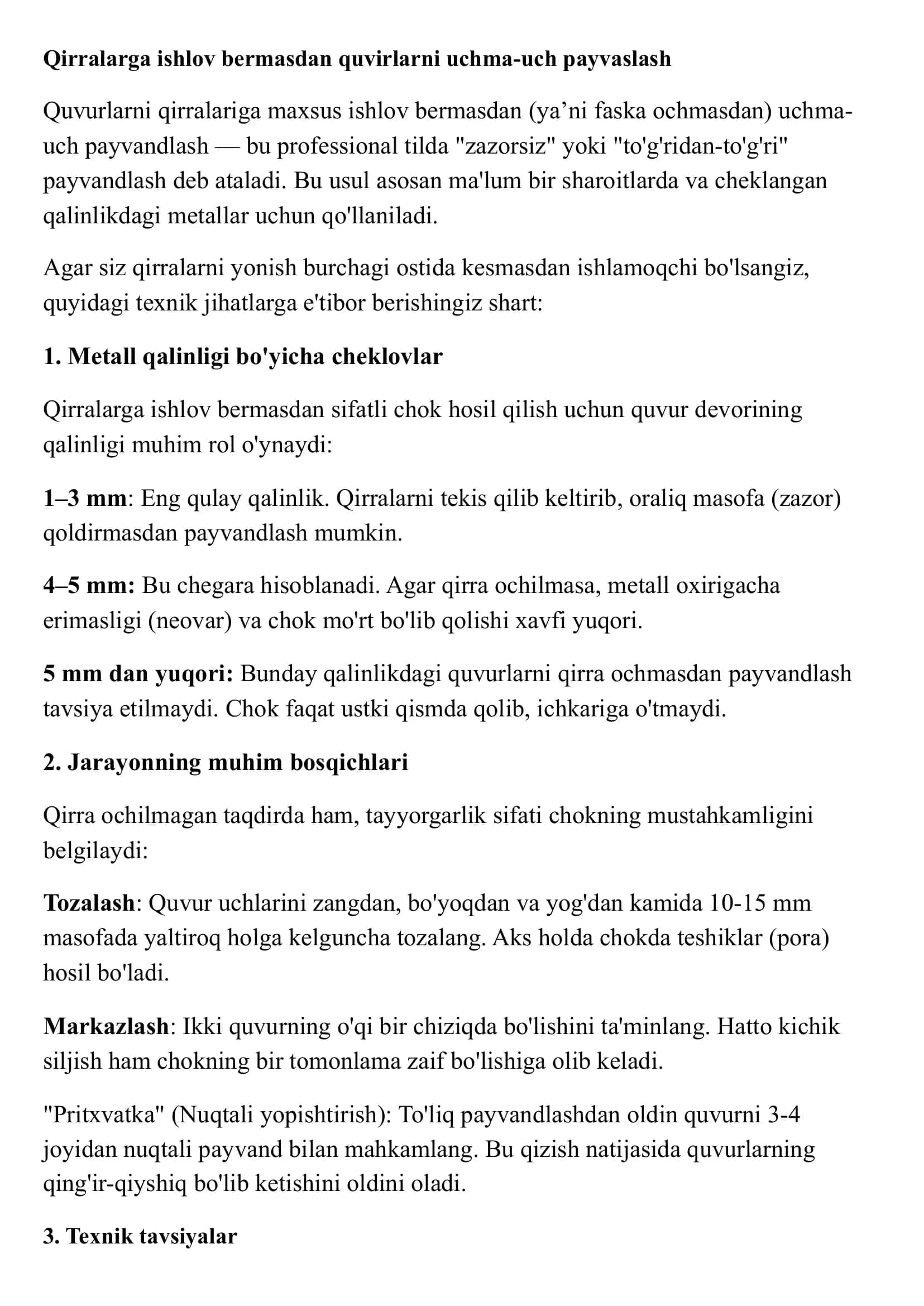 Quvurlarni qirralariga maxsus ishlov bermasdan uchma-uch payvaslash 1