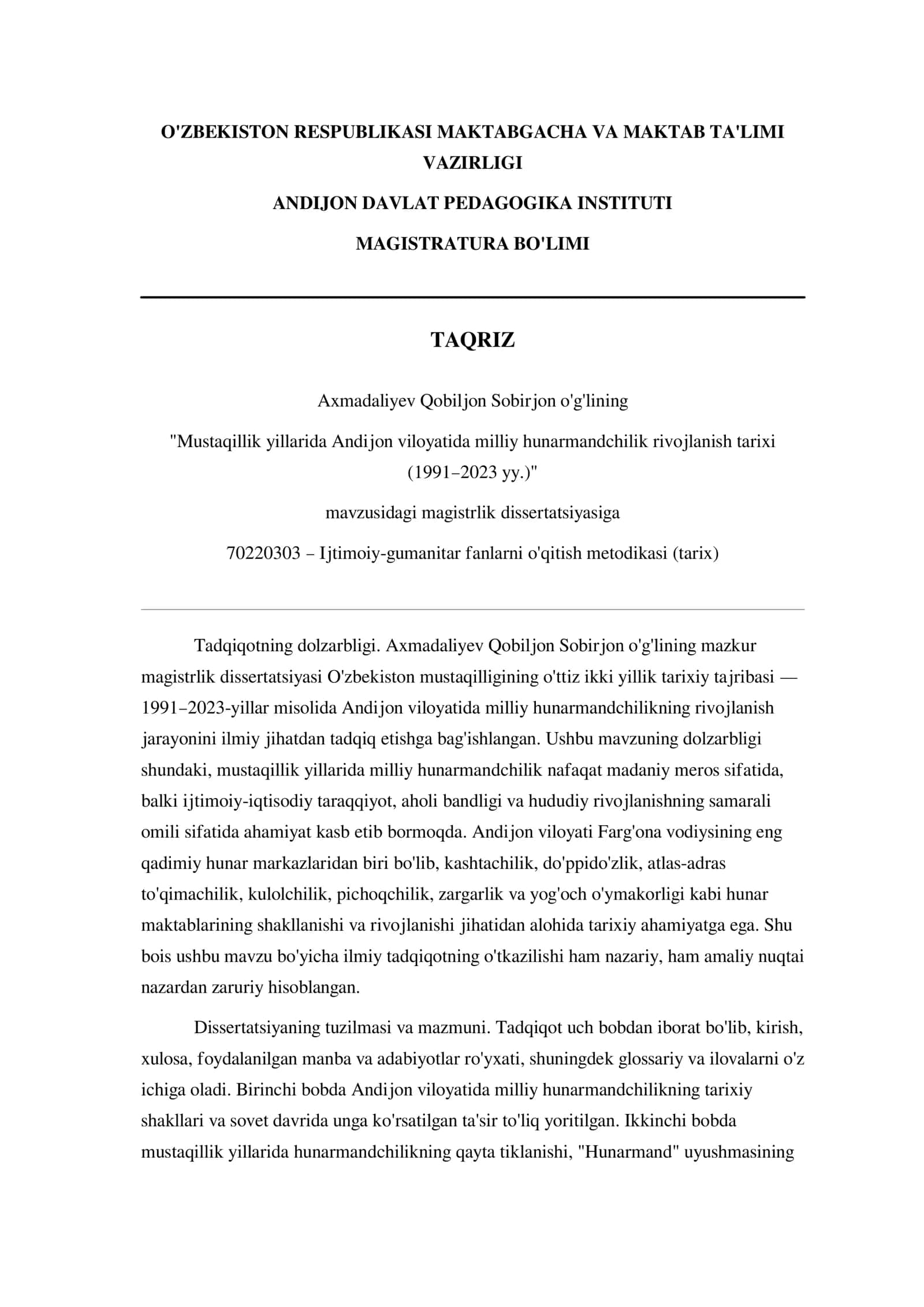 Mustaqillik yillarida Andijon viloyatida milliy hunarmandchilik rivojlanish tarixi (1991–2023 yy.) 1