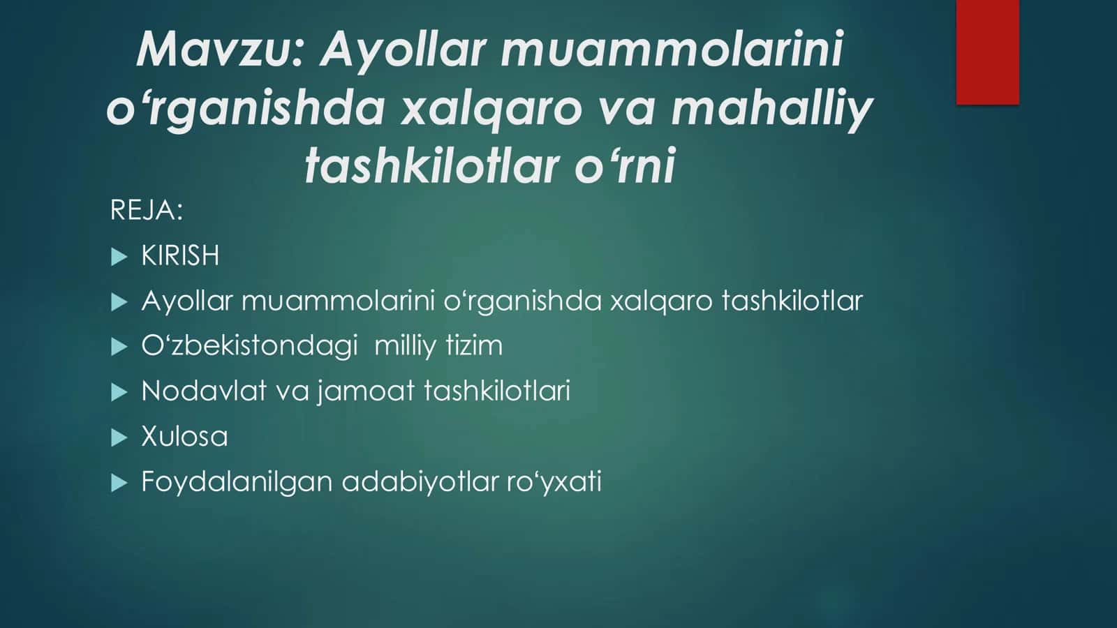 Ayollar muammolarini oʻrganishda xalqaro va mahalliy tashkilotlar oʻrni 1