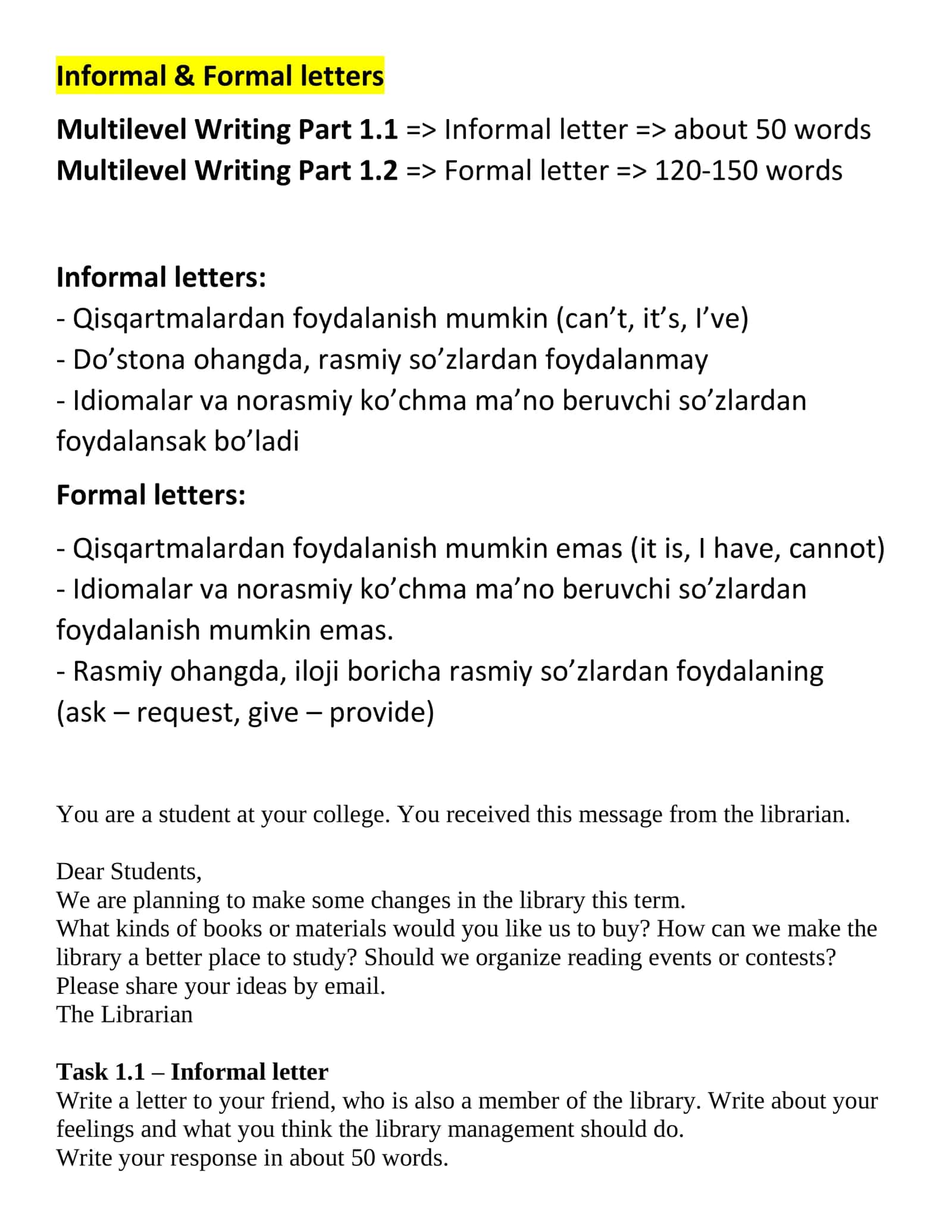 Multilevel Writing Part 1.1 - Informal letter 1