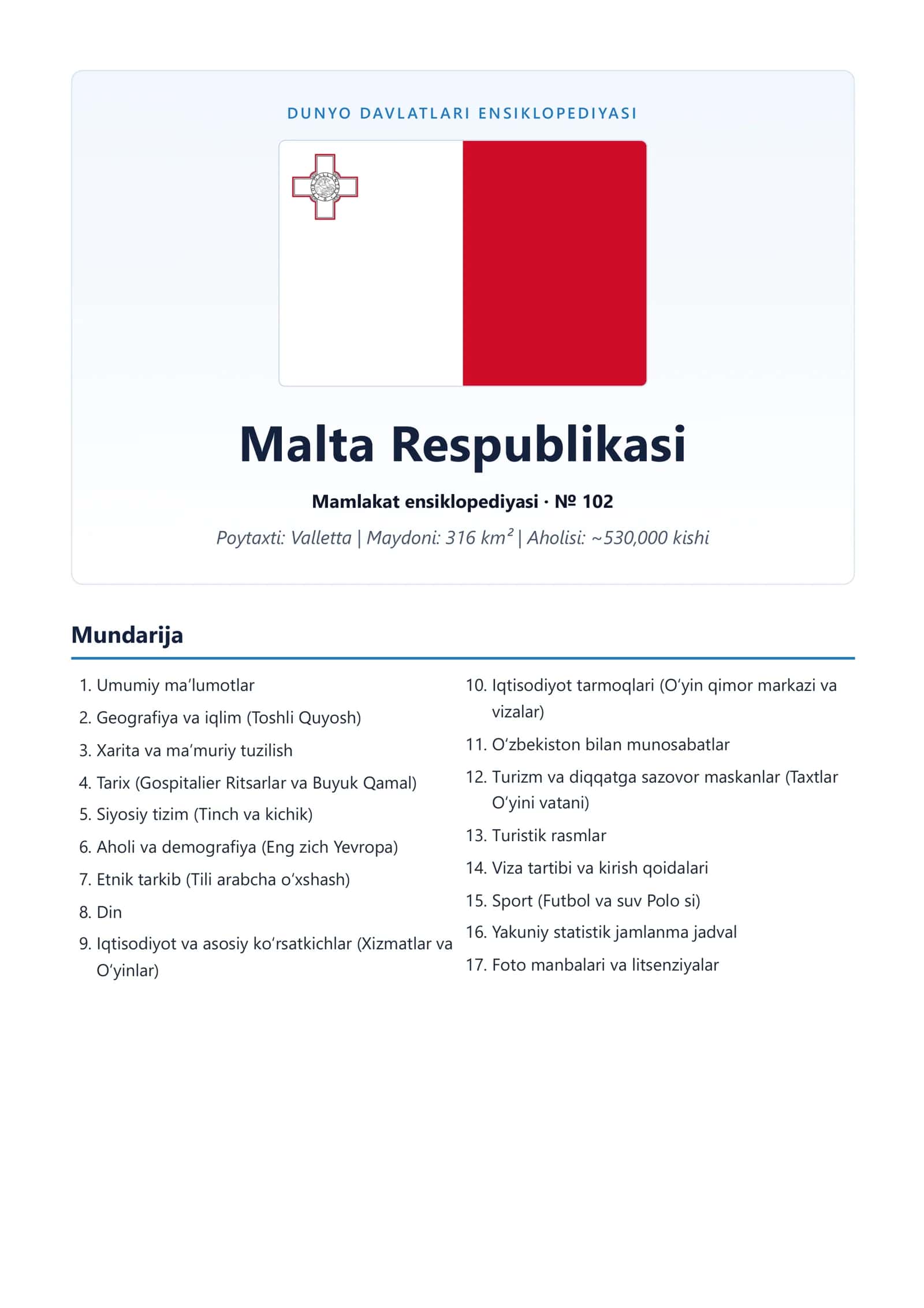 DAVLATLAR ENSIKLOPEDIYASI: MALTA RESPUBLIKASI 1