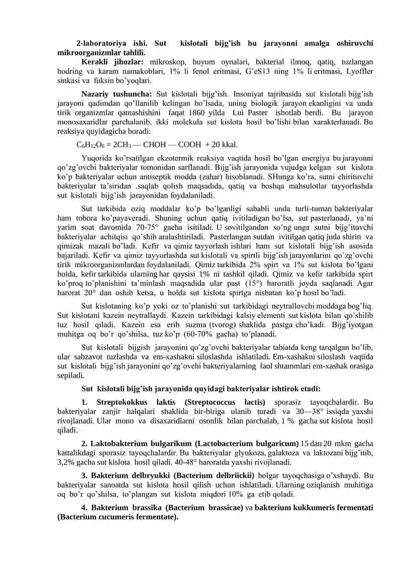 Sut kislotali bijg’ish bu jarayonni amalga oshiruvchi
mikroorganizmlar tahlili.