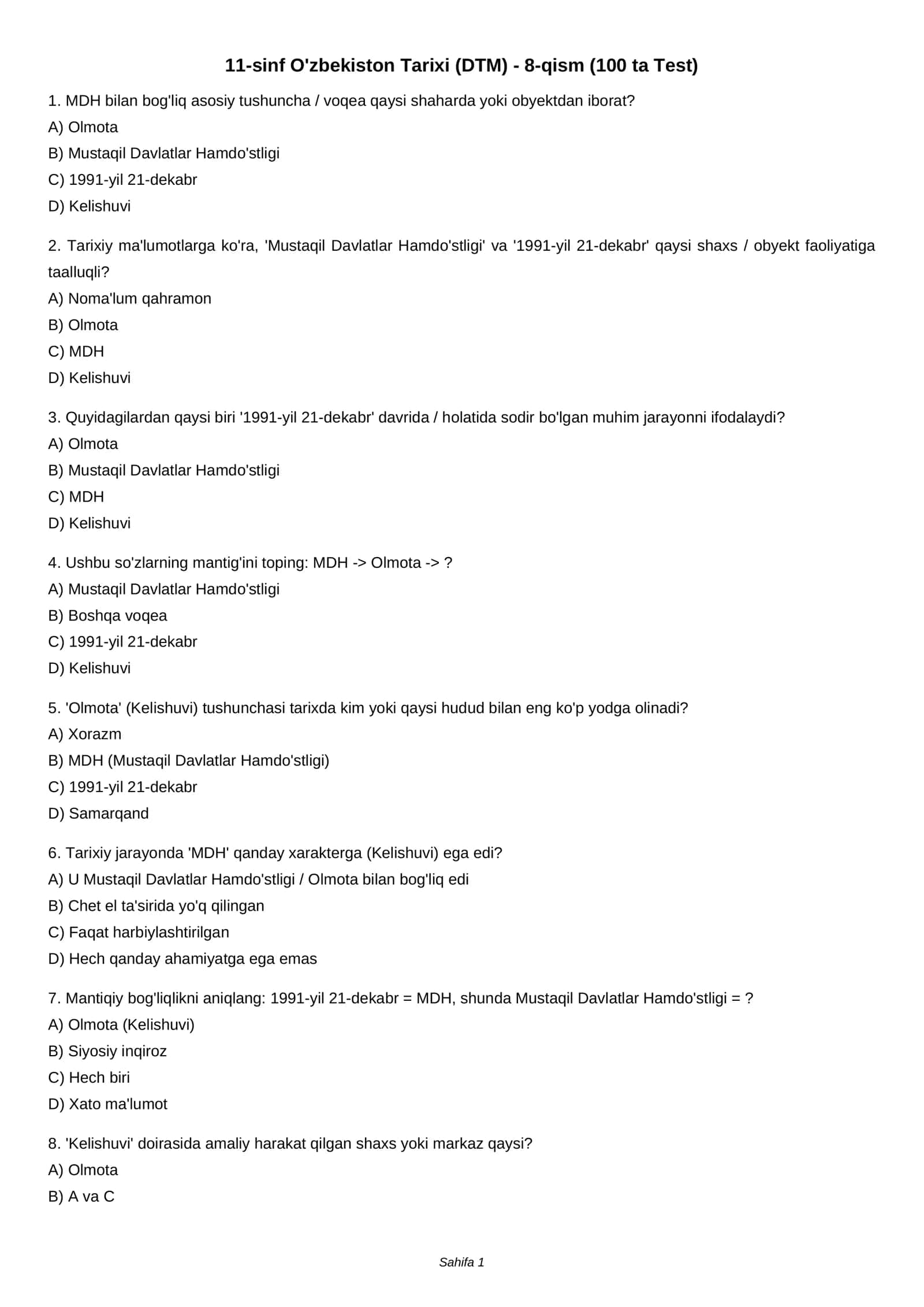 11-sinf O'zbekiston Tarixi (DTM) - 8-qism (100 ta Test) 1