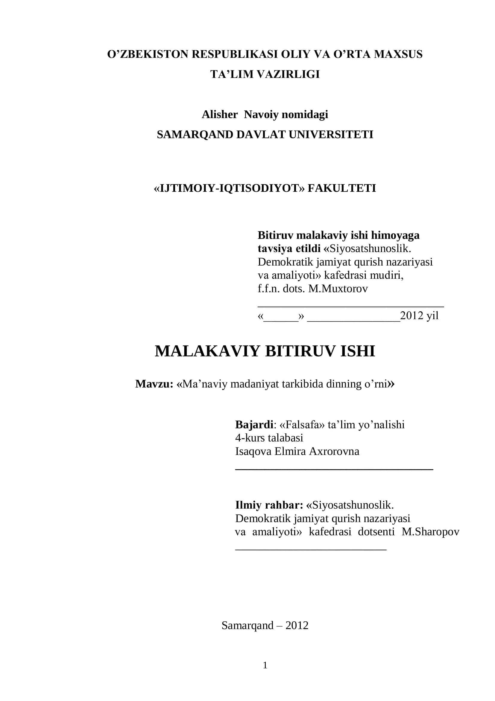 MA’NAVIY MADANIYAT TARKIBIDA DINNING O’RNI 1
