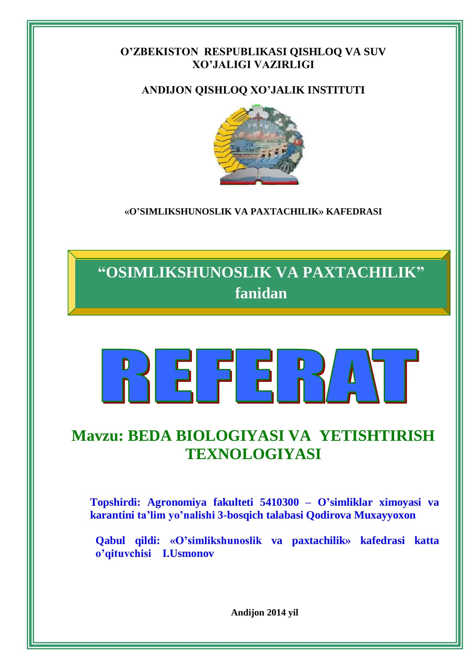 BEDA BIOLOGIYASI VA YETISHTIRISH TEXNOLOGIYASI 1