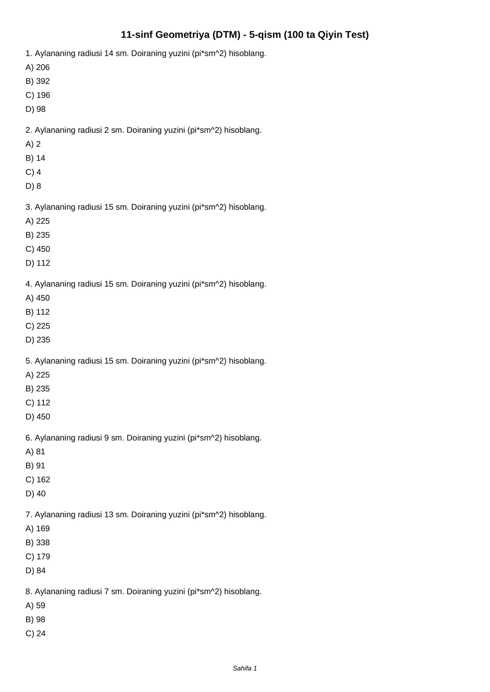 11-sinf Geometriya (DTM) - 5-qism (100 ta Qiyin Test) 1