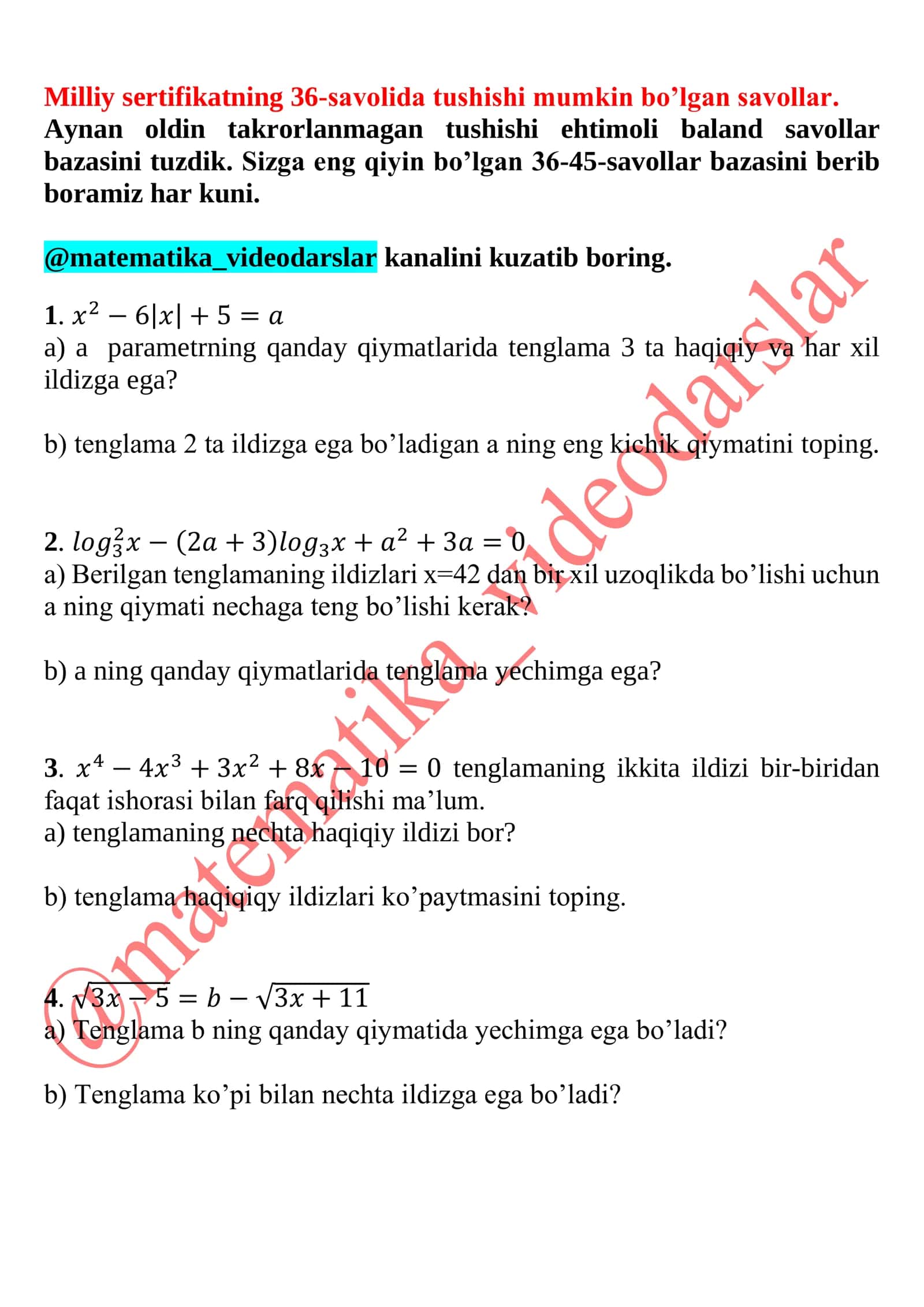Matematika bilim savollari 1