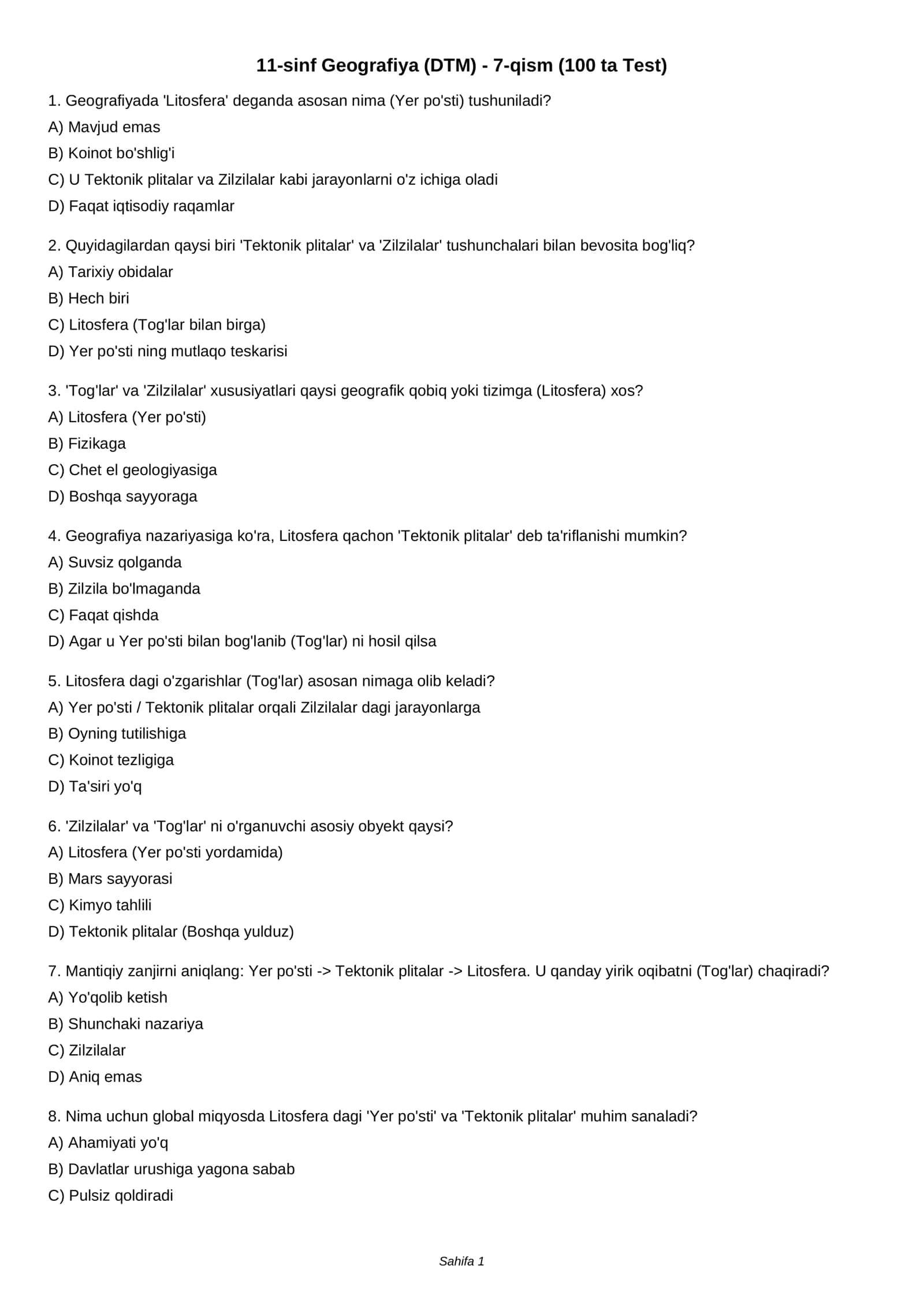 11-sinf Geografiya (DTM) - 7-qism (100 ta Test) 1