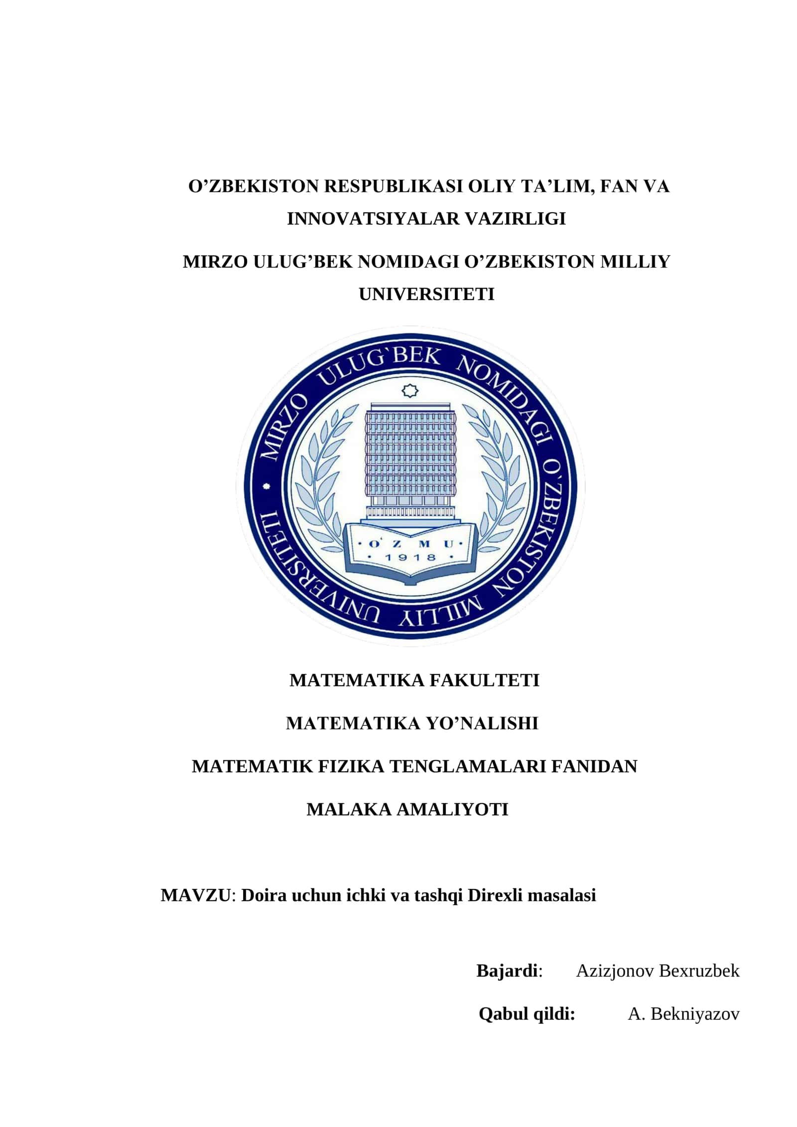 Doira uchun ichki va tashqi Direxli masalasi 1