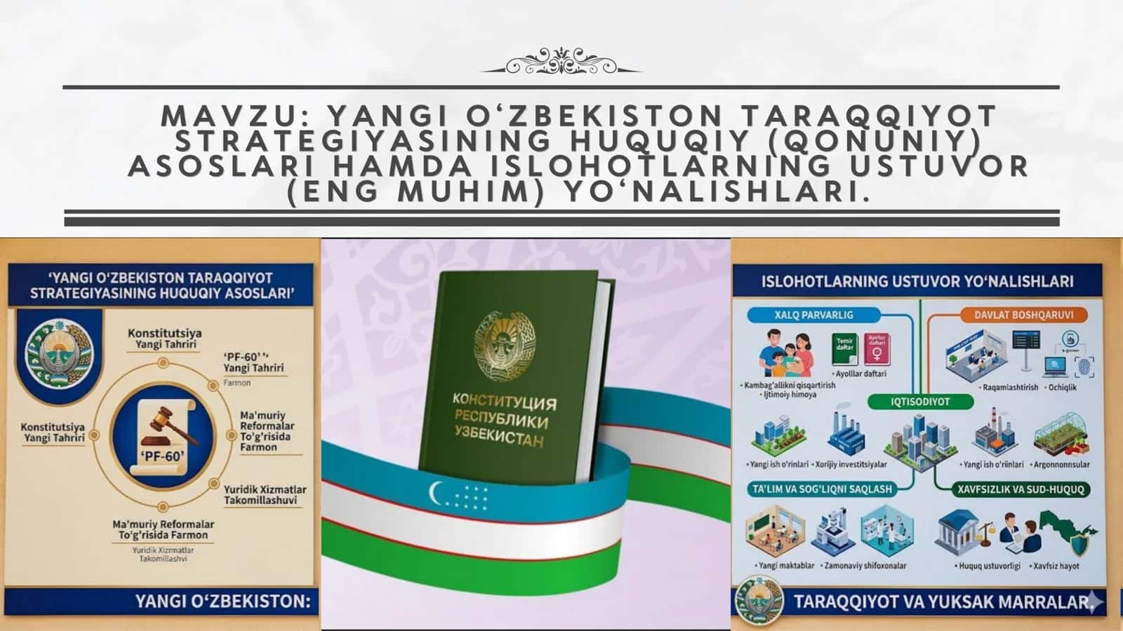 YANGI O‘ZBEKISTON TARAQQIYOT STRATEGIYASINING HUQUQIY (QONUNIY) ASOSLARI HAMDA ISLOHOTLARNING USTUVOR (ENG MUHIM) YO‘NALISHLARI 1