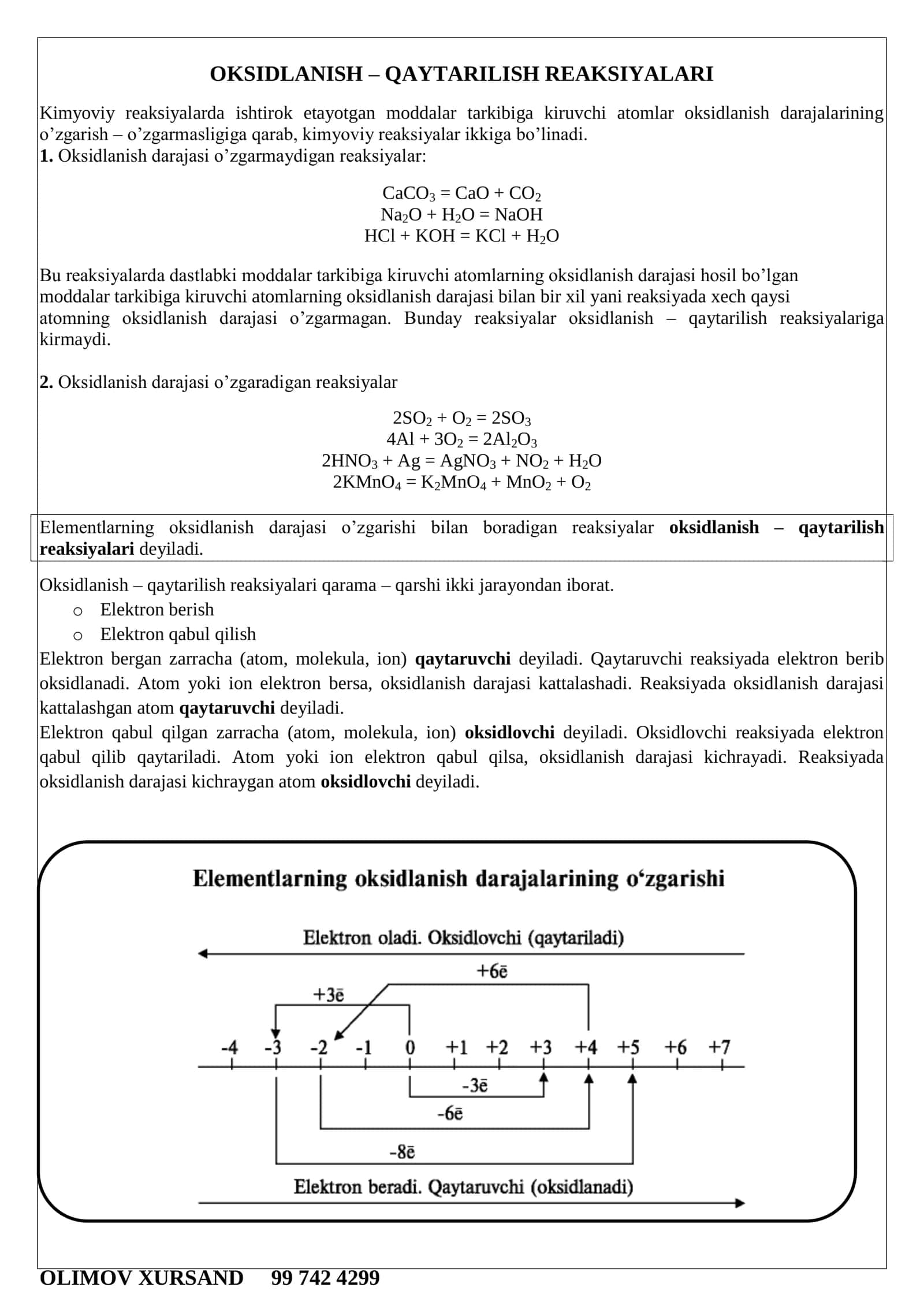 OKSIDLANISH – QAYTARILISH REAKSIYALARI 1