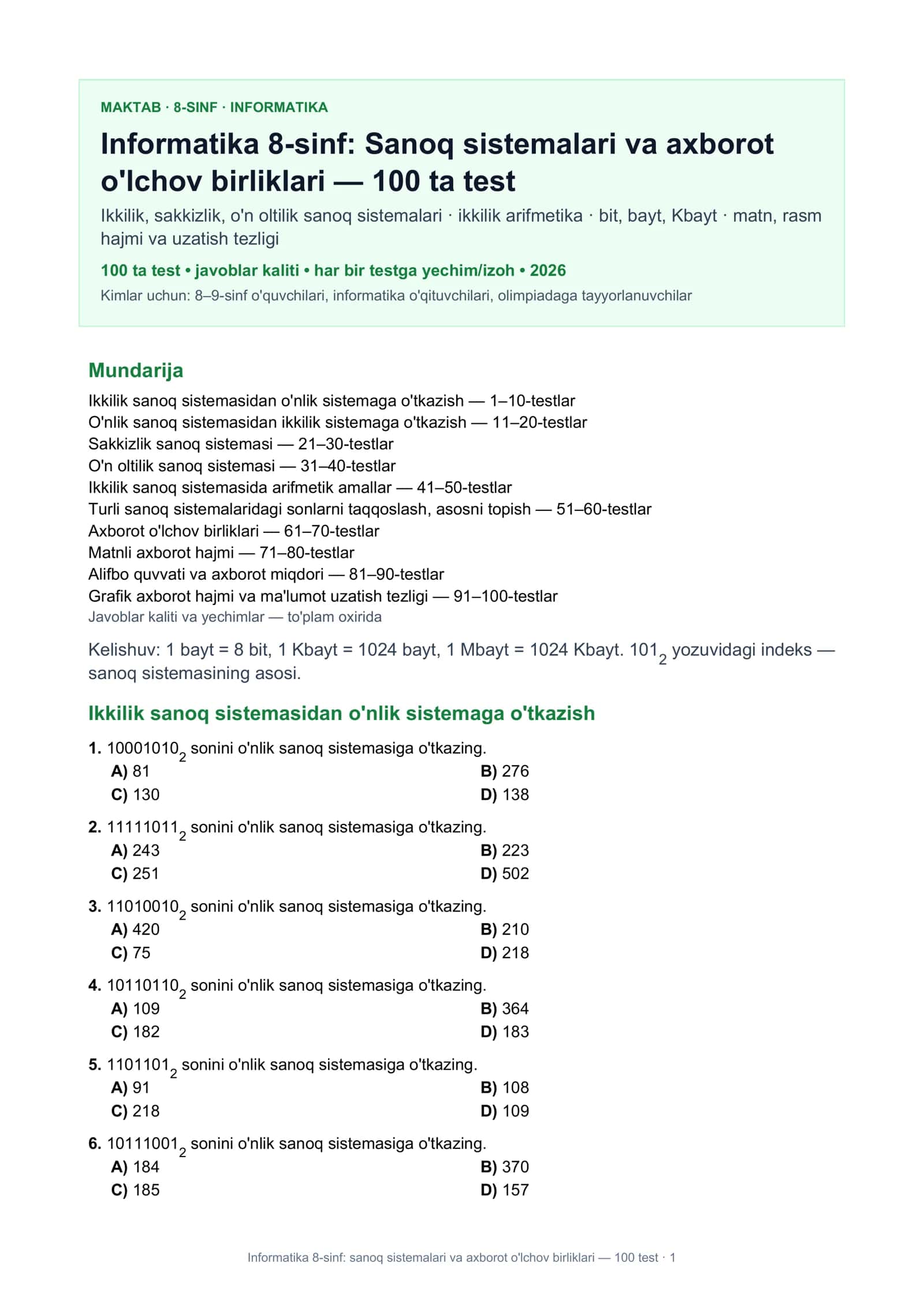 Informatika 8-sinf: sanoq sistemalari va axborot o'lchov birliklari — 100 test 1