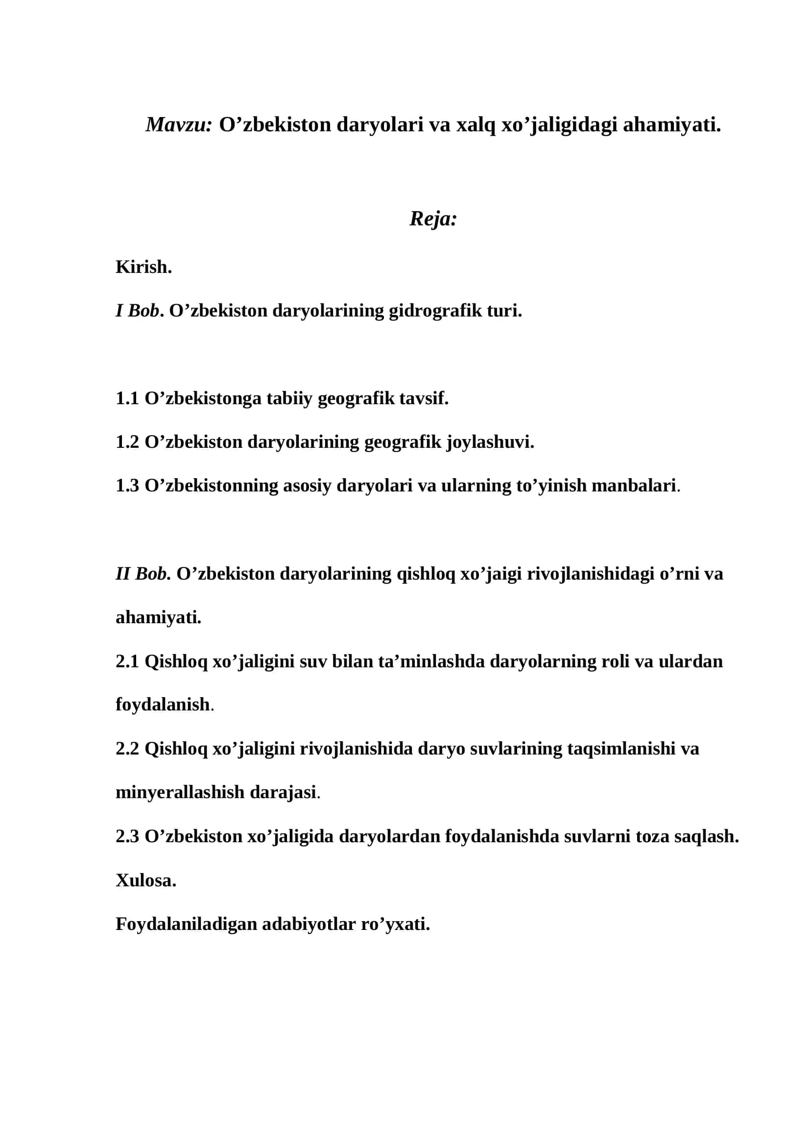 O’zbekiston daryolari va xalq xo’jaligidagi ahamiyati 1