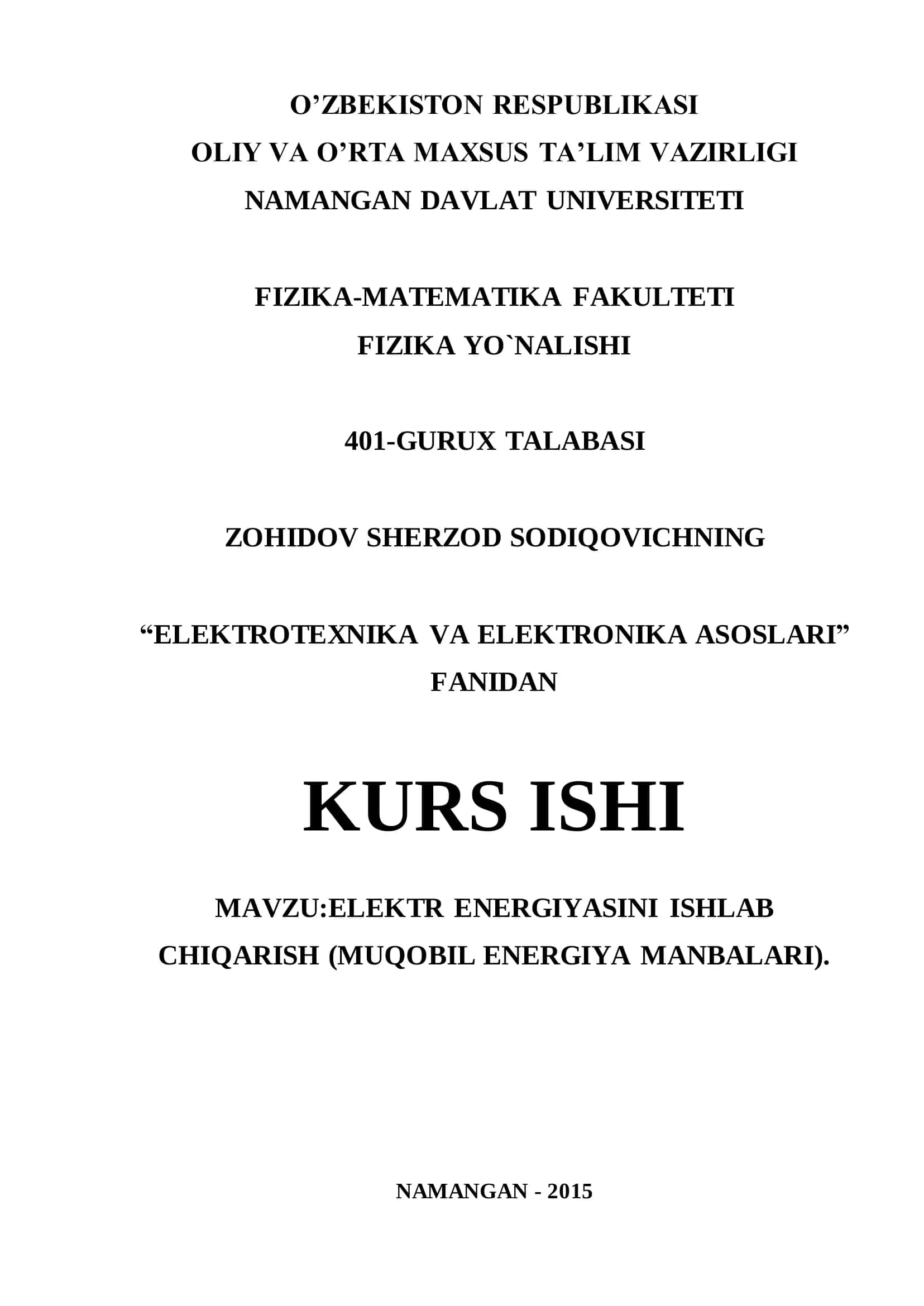 ELEKTR ENERGIYASINI ISHLAB CHIQARISH (MUQOBIL ENERGIYA MANBALARI) 1