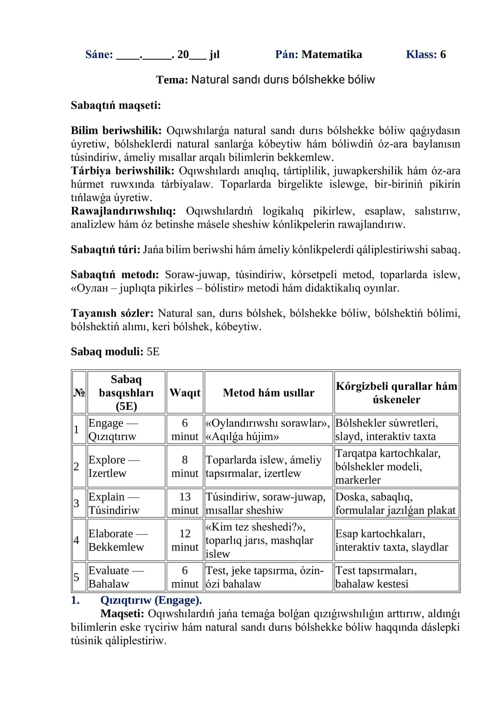 Matematika - Natural sandı durís bólshekke bóliw 1