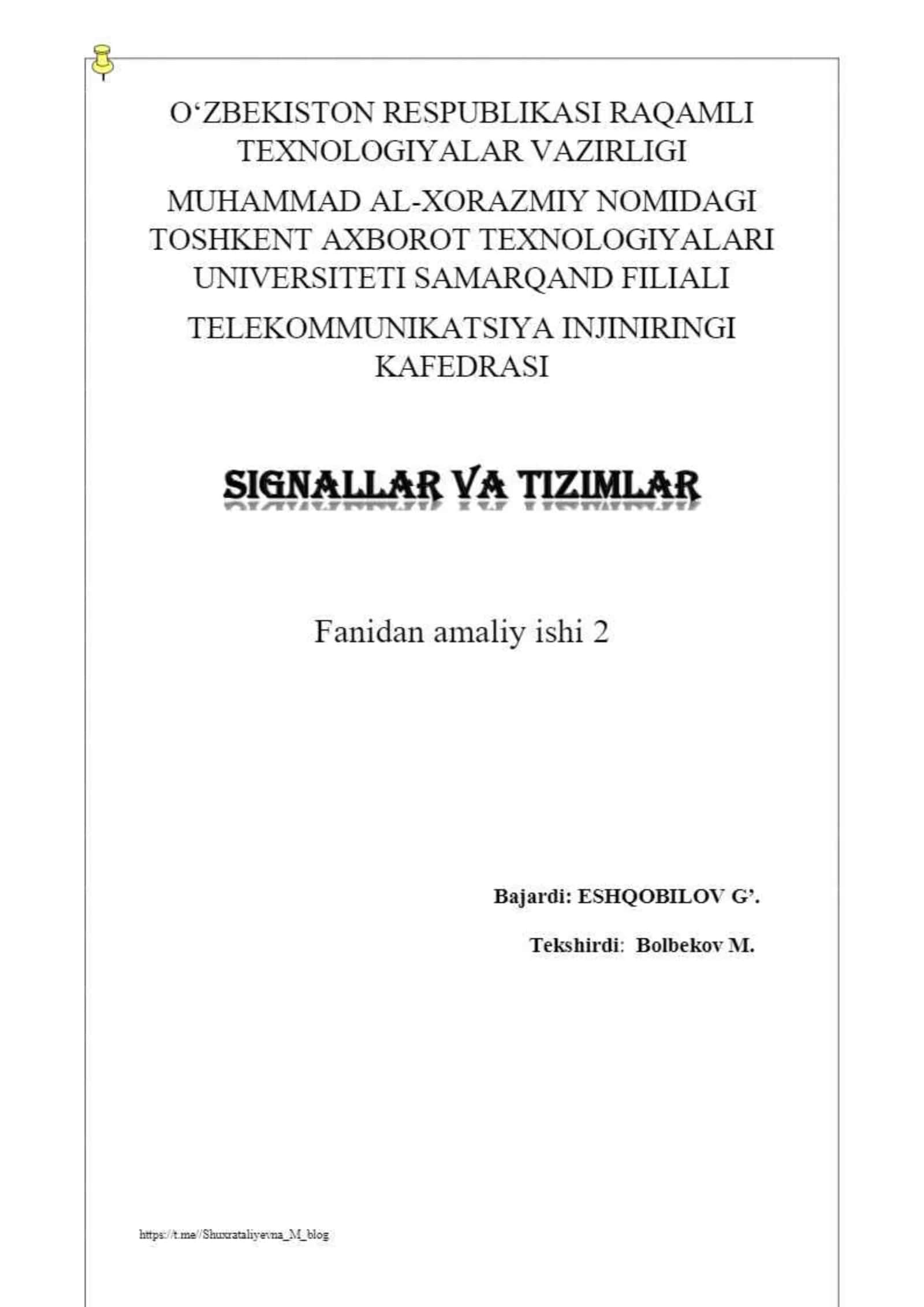 Signallar va tizimlar amaliy 1